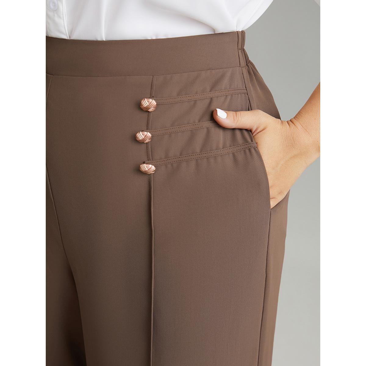 Plus Size Static-Free Button Detail Seam Detail Elastic Waist Pants Women Tan At the Office Wide Leg High Rise Office Pants BloomChic 30/6X Product Image