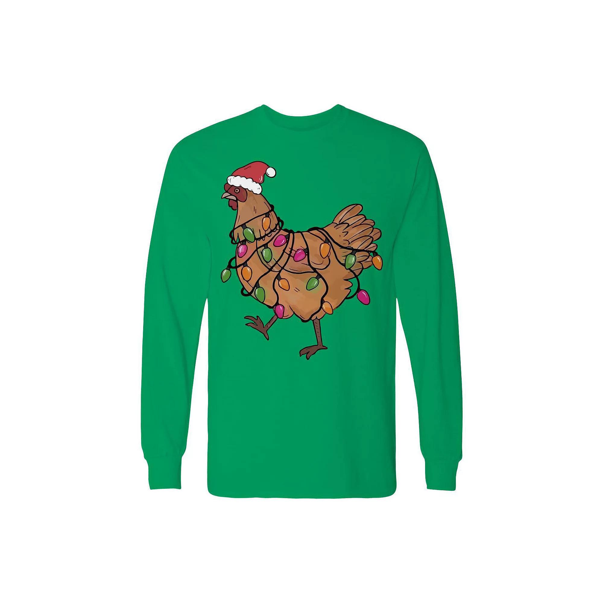 Men's Christmas Light Hen Long Sleeve Graphic Tee, Size: Large, Irish Green Product Image