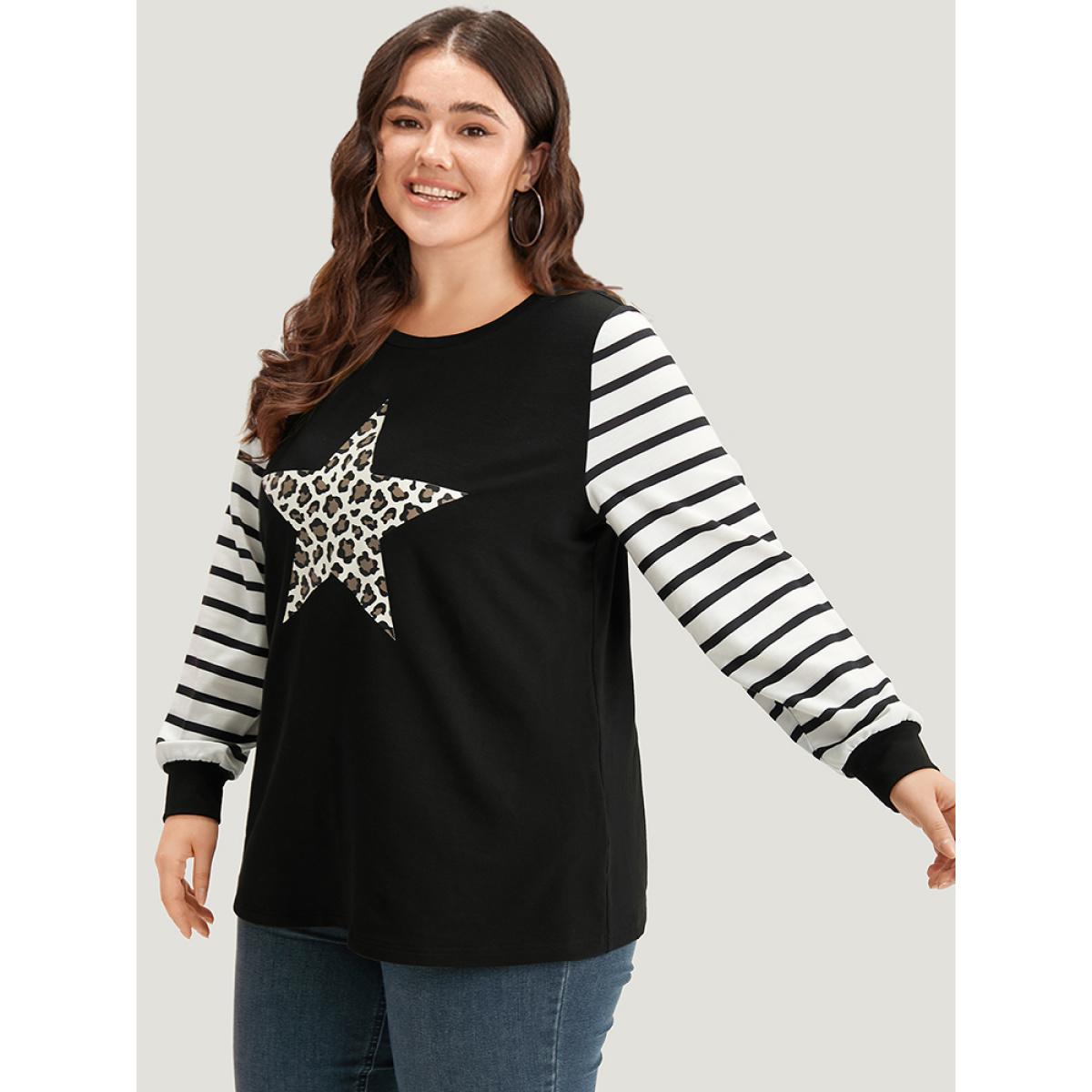 Plus Size Star Leopard Print Striped Patchwork Crew Neck Sweatshirt Women Black Casual Elastic cuffs Dailywear Sweatshirts BloomChic 22-24/3X Product Image