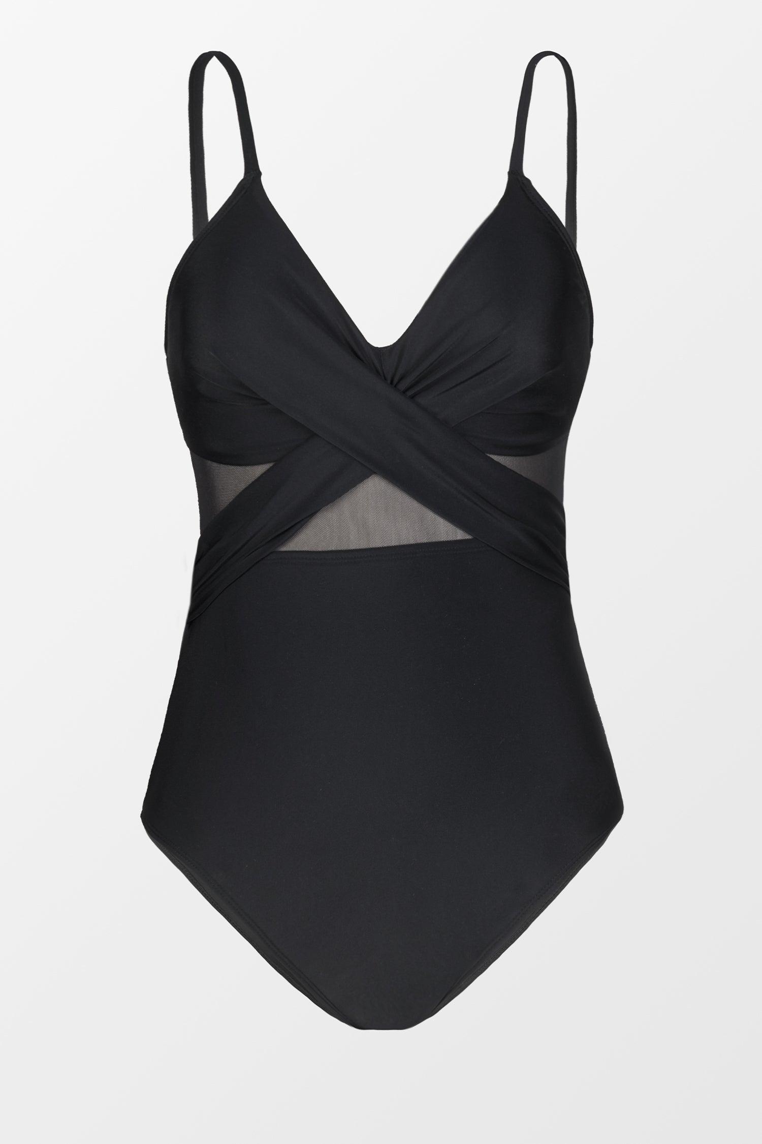Forest Adventure Solid Mesh Wrap Front Cutout Black One Piece Swimsuit Product Image