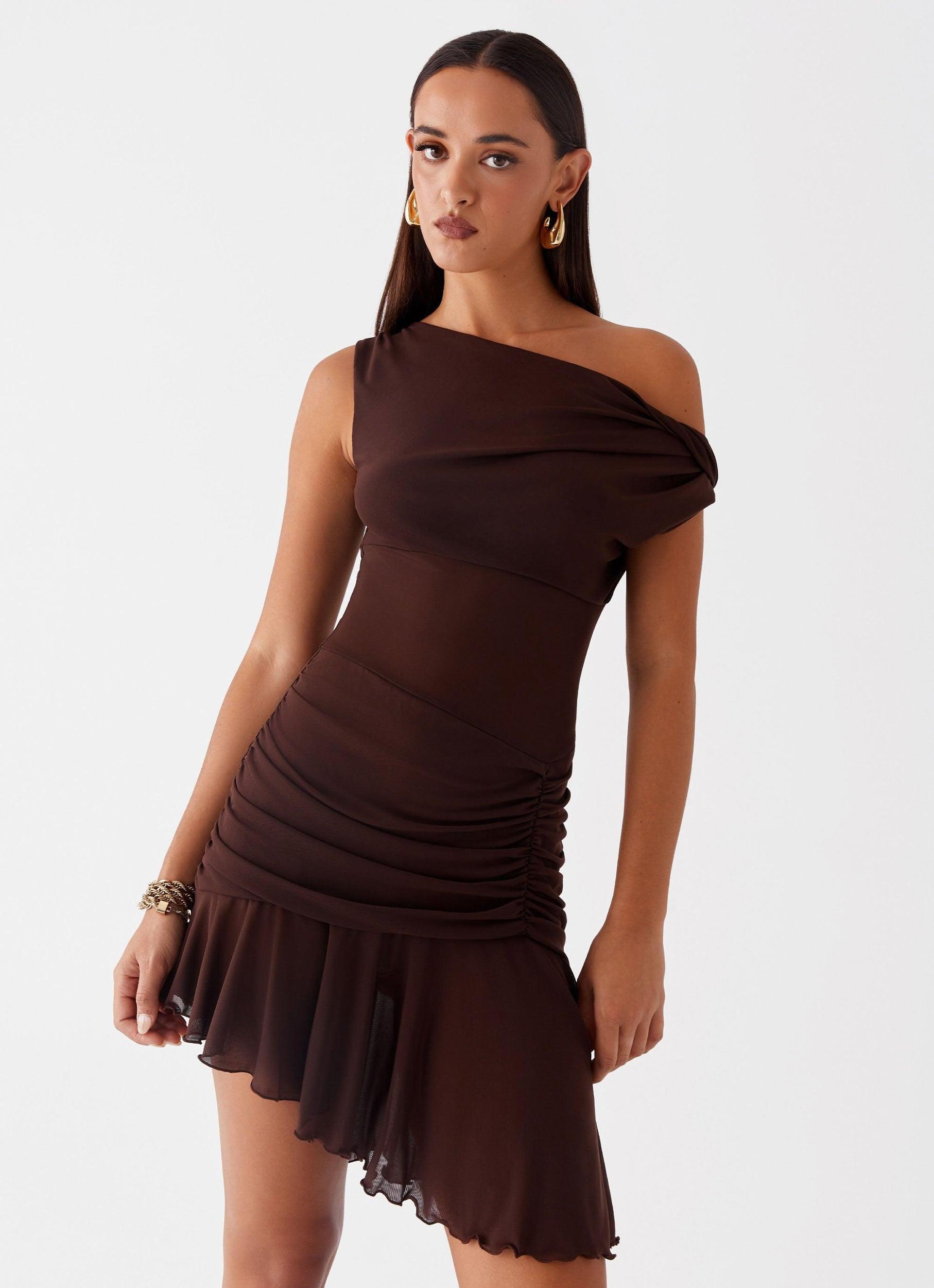 Fernleigh One Shoulder Mini Dress - Chocolate Product Image