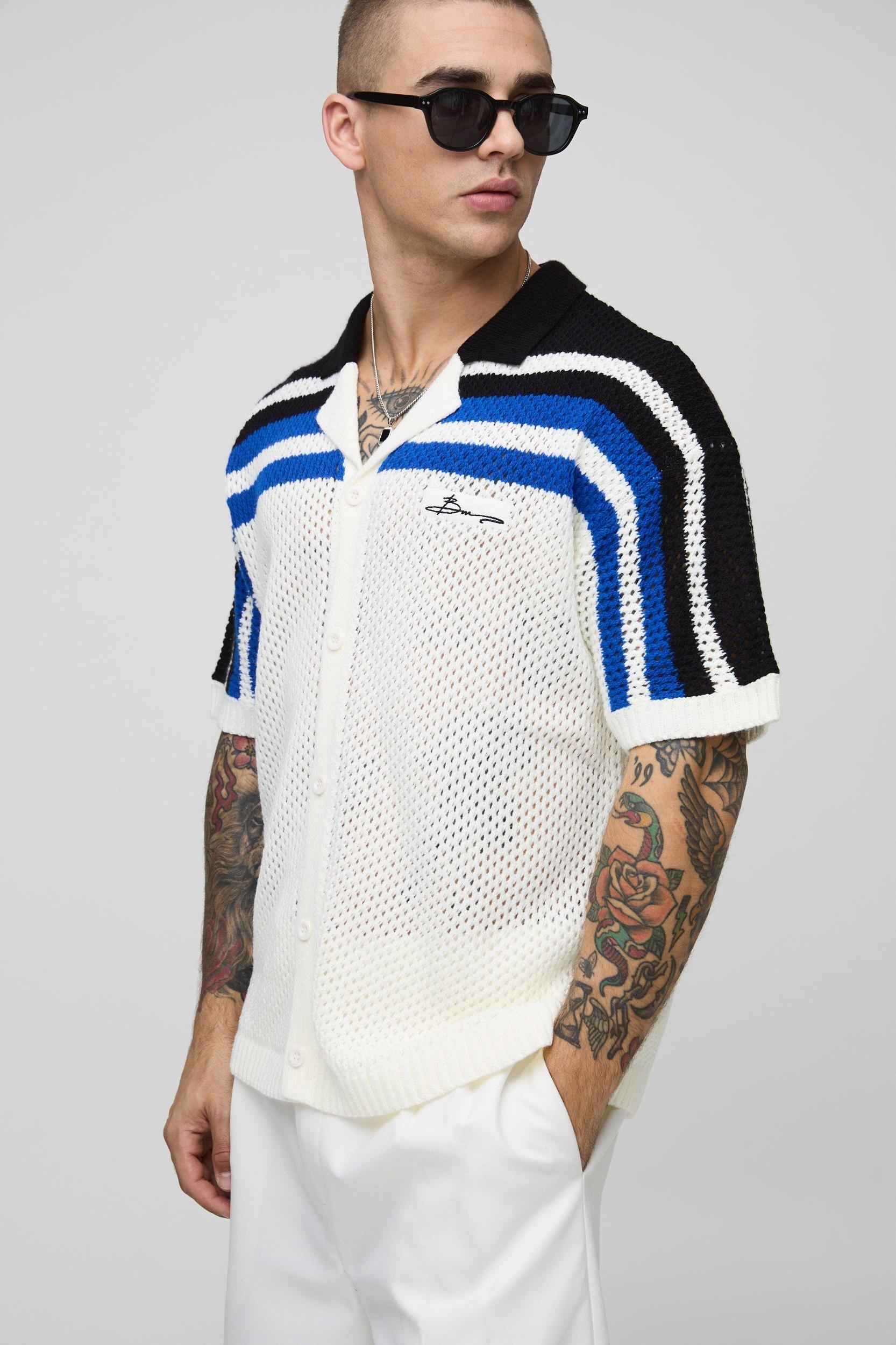 Relaxed Fit Striped Open Stitch Knitted Shirt | boohooMAN USA Product Image