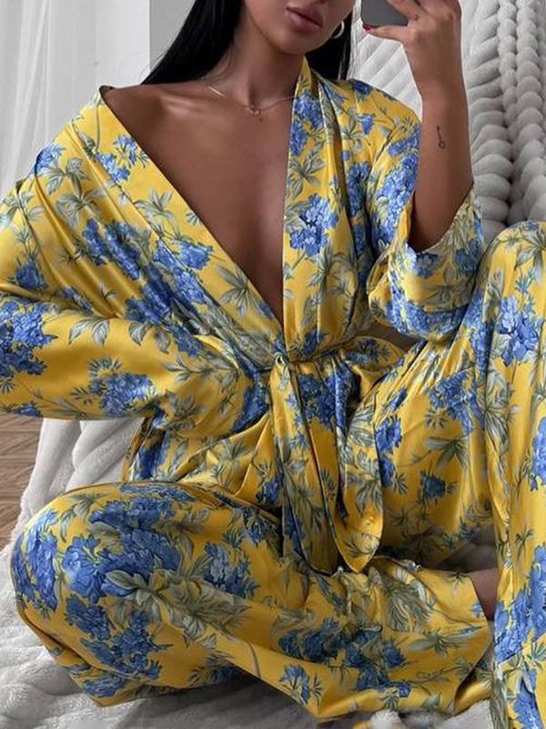 Loose Printed Split-Joint Deep V-Neck Lace-Up Blouse + Drawstring Elasticity Pants Trousers Two Pieces Set Product Image