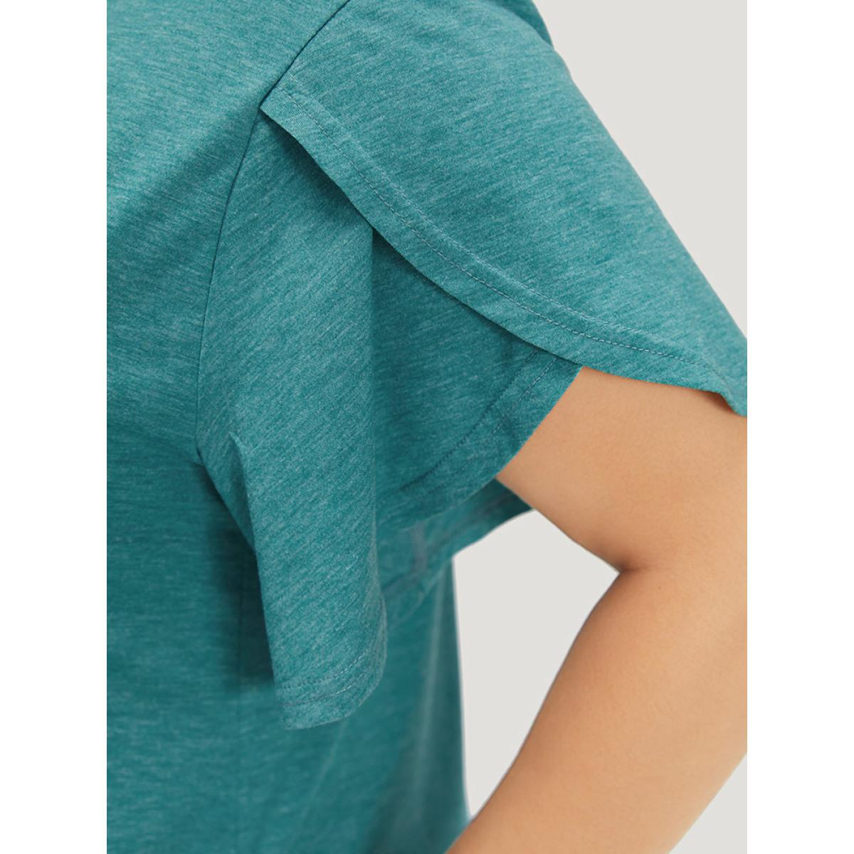 Plus Size Supersoft Essentials Solid Pocket Keyhole Petal Sleeve Dress Cerulean Women Casual Plain V-neck Short sleeve Curvy Midi Dress BloomChic 22-24/3X Product Image