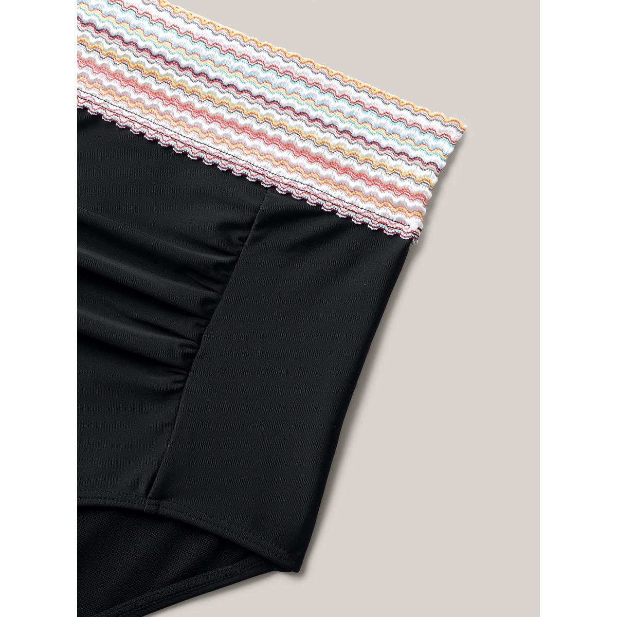 Plus Size Contrast Waistband Ruched Fitted Swim Bottoms Women's Swimwear Black Resort Woven ribbon&lace trim High stretch Skinny Mid Rise Curve Swim Bottoms BloomChic 18-20/2X Product Image