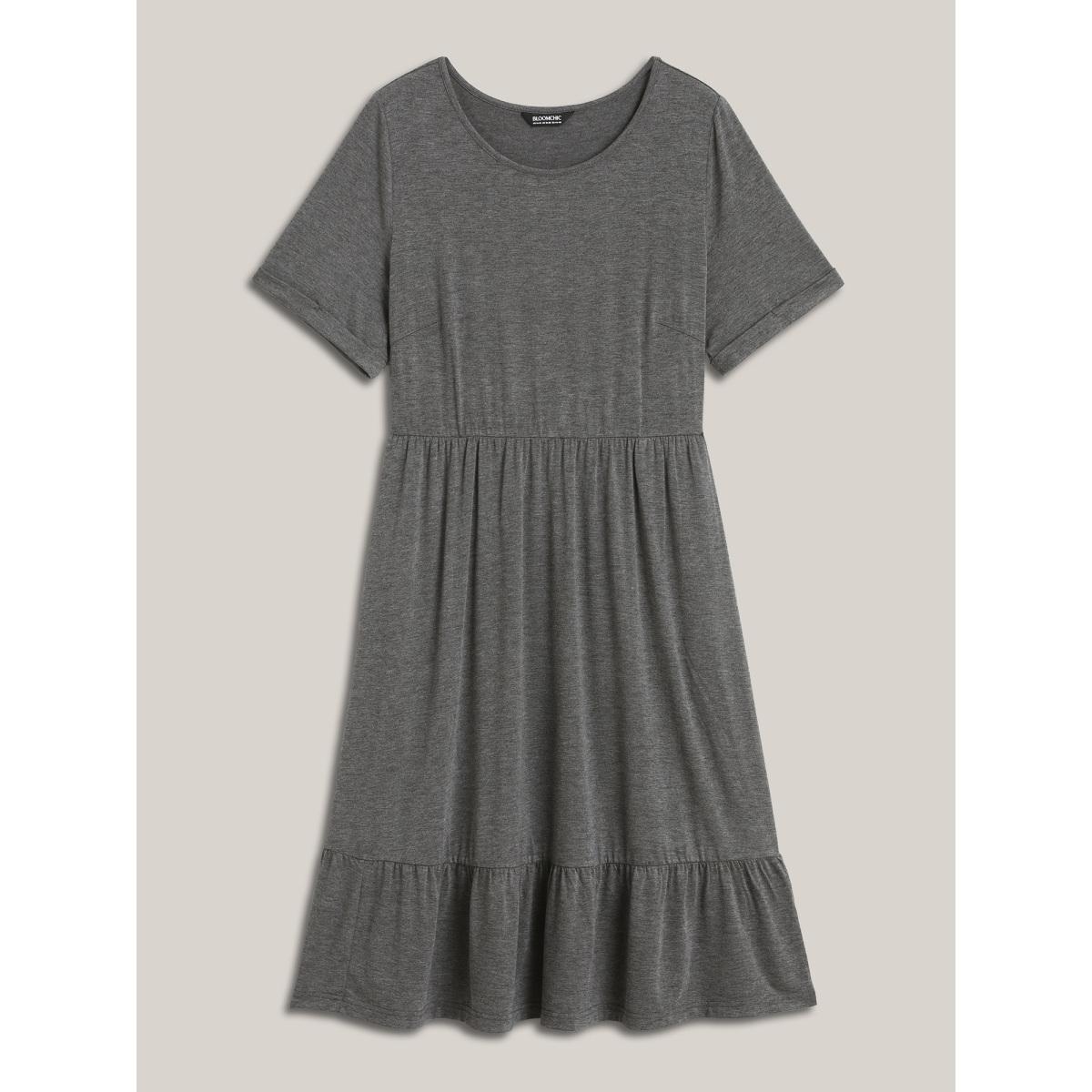 Plus Size Stretchy Fabric Pockets Ruffled Hem Midi Dress DarkGray Women Casual Knit Dresses Bloomchic 10/M Product Image