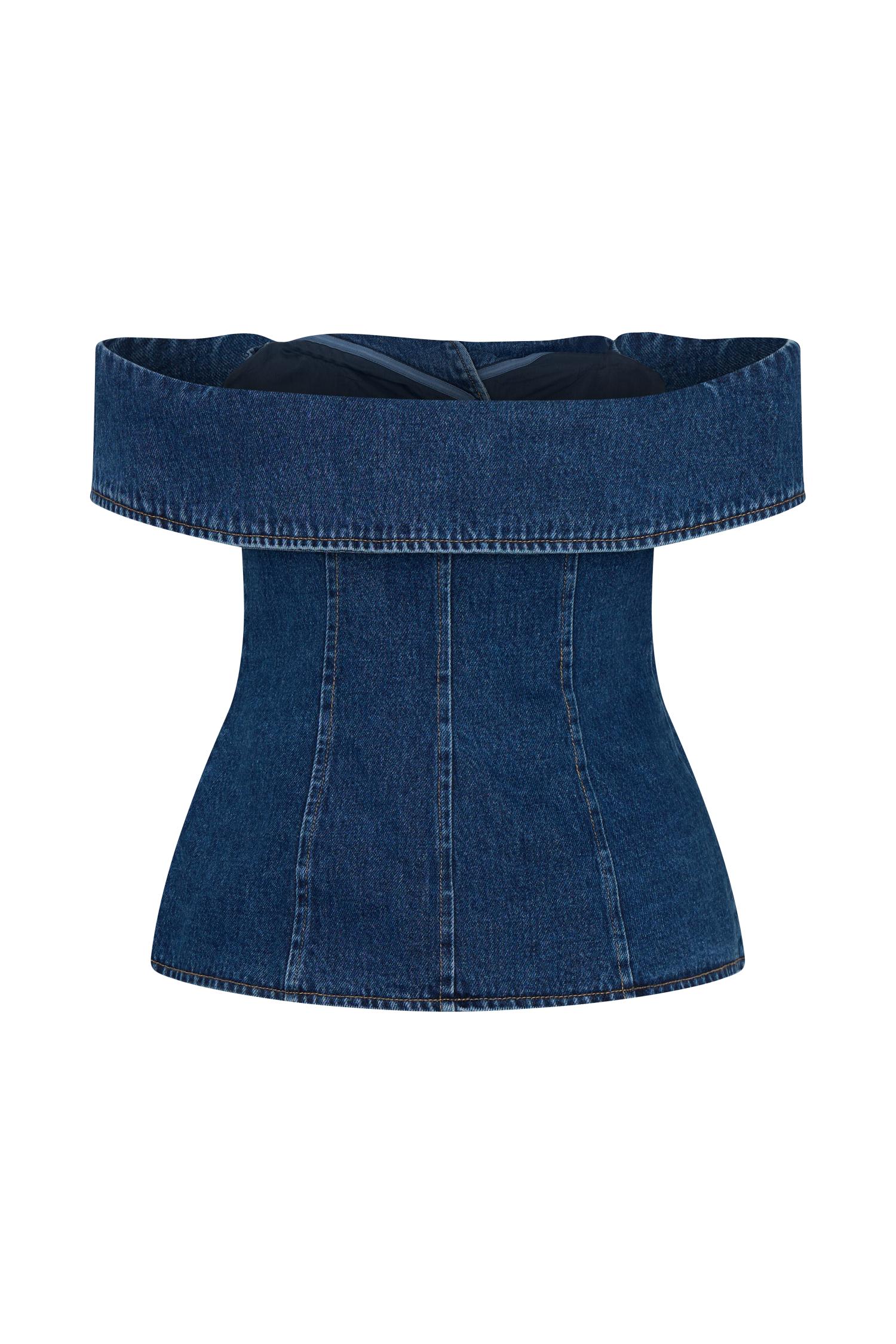 Krista Denim Off Shoulder Top - Dark Blue Product Image