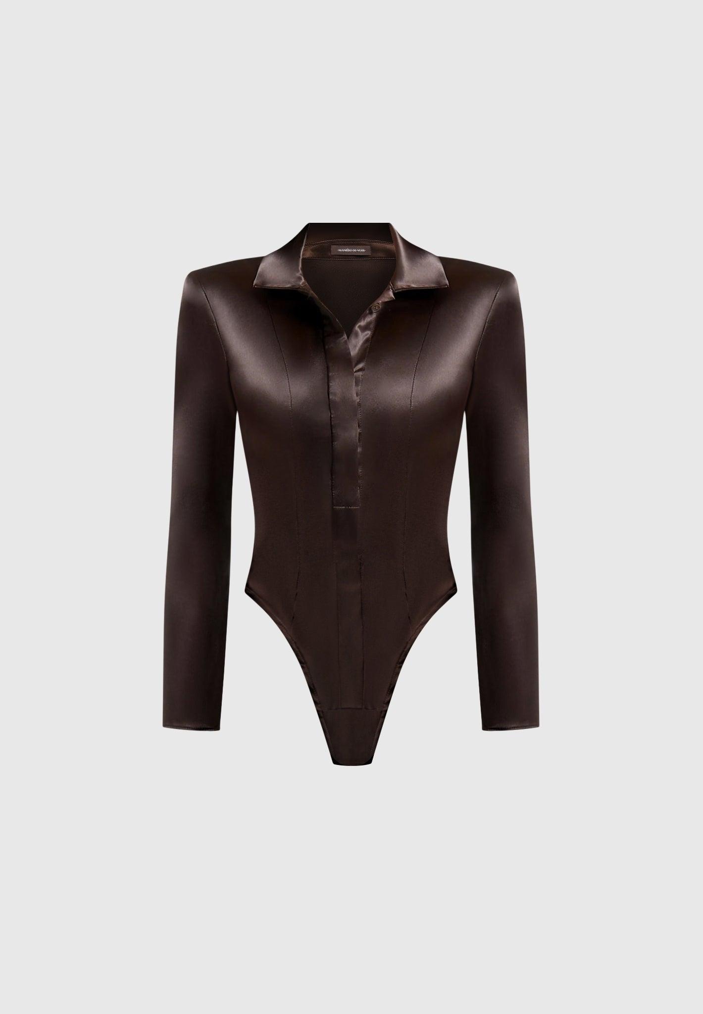 Louise - Wide Shoulder Satin Shirt Bodysuit - Brown Female Product Image