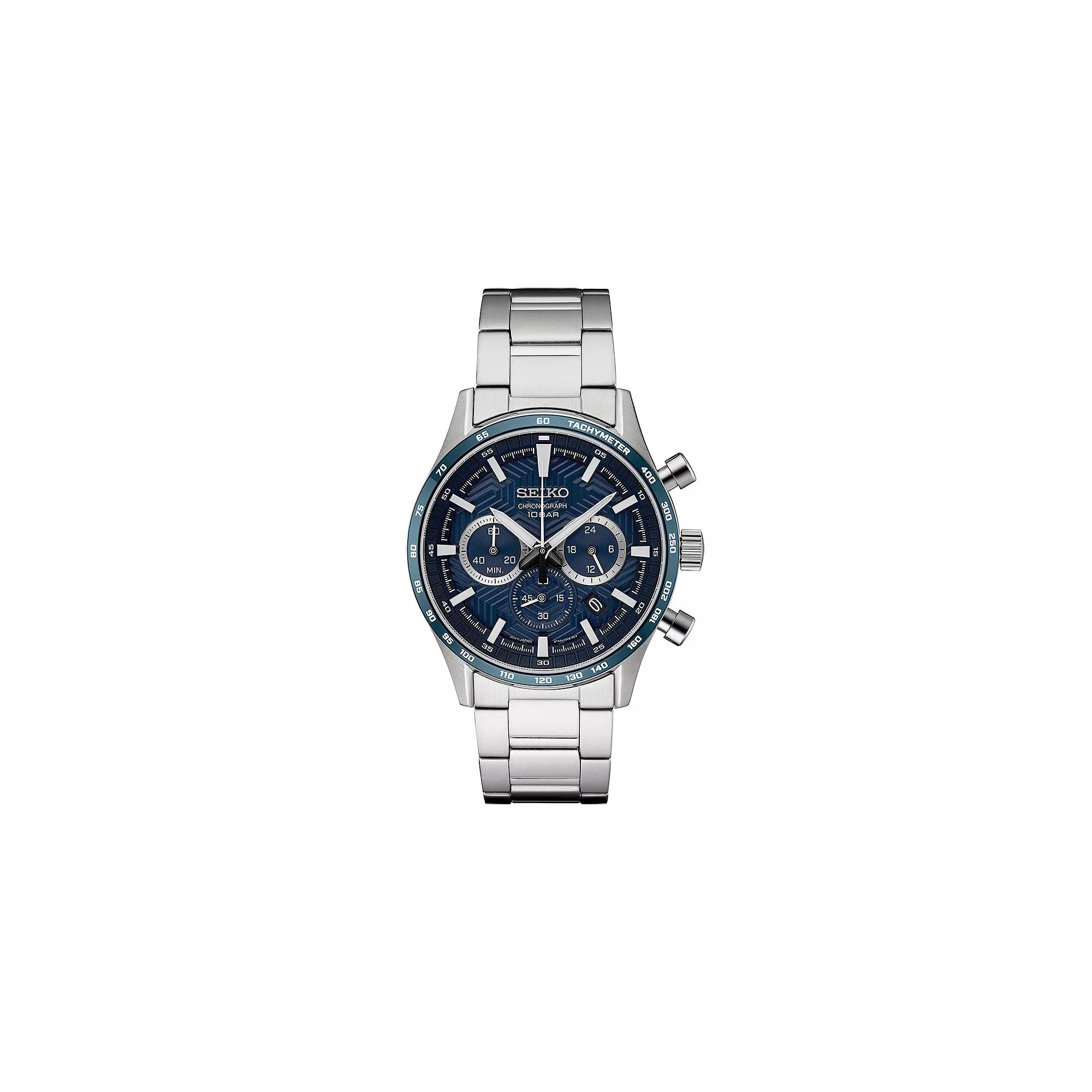 Seiko Mens Essentials Blue Dial Stainless Steel Chronograph Watch Silver Product Image