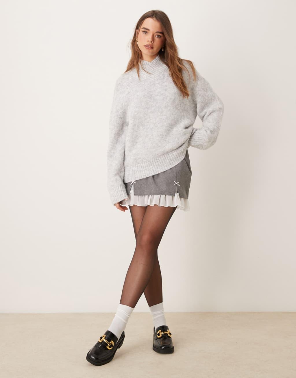 ASOS DESIGN wool blend high v neck sweater in ice gray Product Image