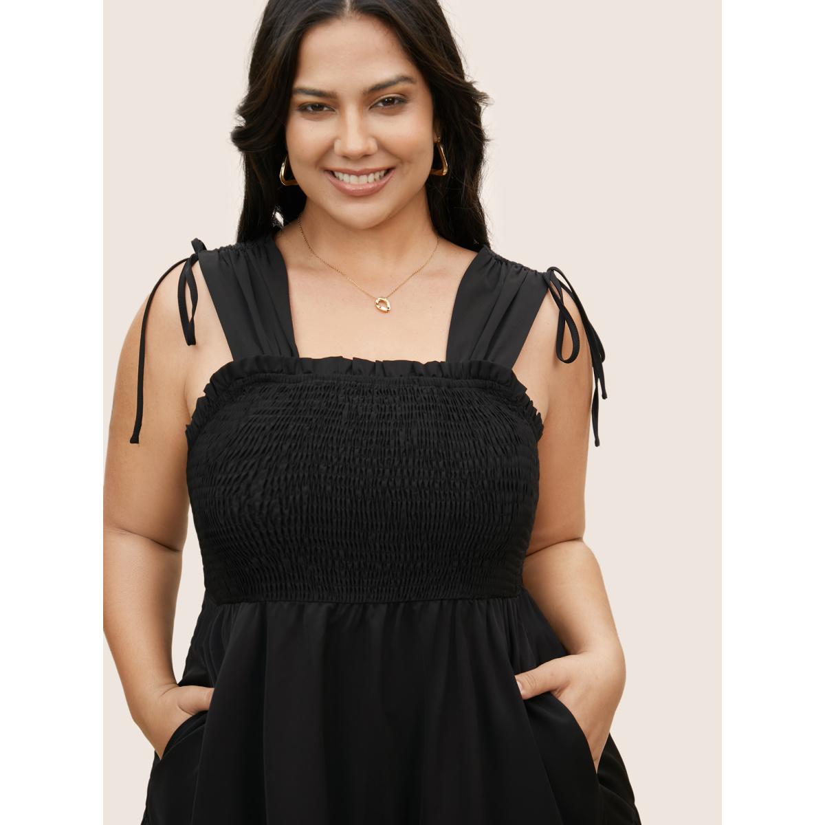 Plus Size Plain Shirred Drawstring Ruffle Layered Hem Dress Black Women Elegant Gathered Square Neck Sleeveless Curvy BloomChic 14-16/1X Product Image