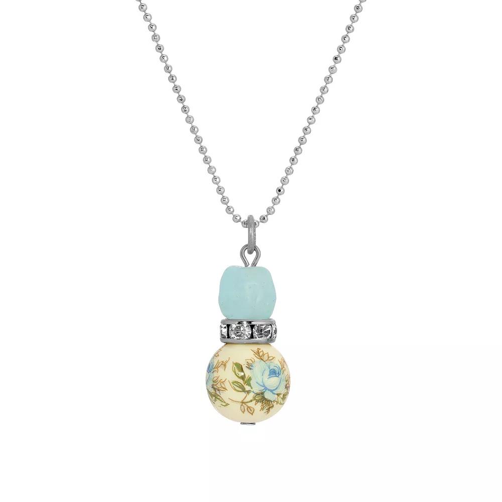 1928 Silver Tone Blue Crystal Rose Bead Pendant Necklace, Womens Product Image