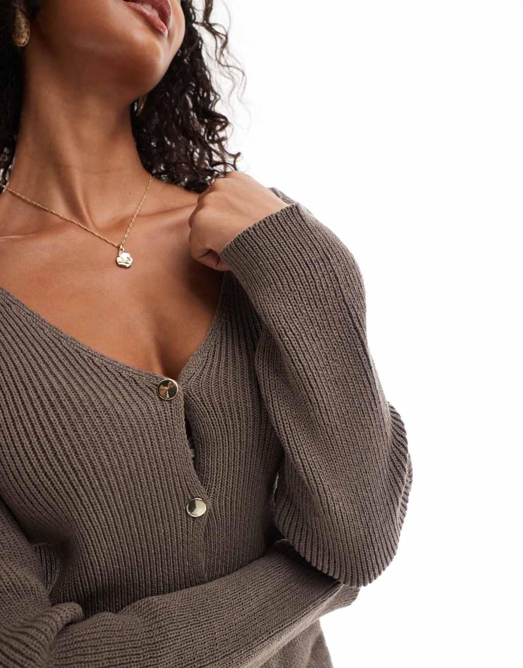 ASOS DESIGN knitted v neck structured cardigan with gold buttons in dark taupe Product Image