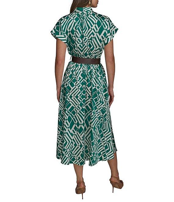 Donna Karan Twill Collared V-Neck Short Sleeve Belted A-Line Midi Dress Product Image