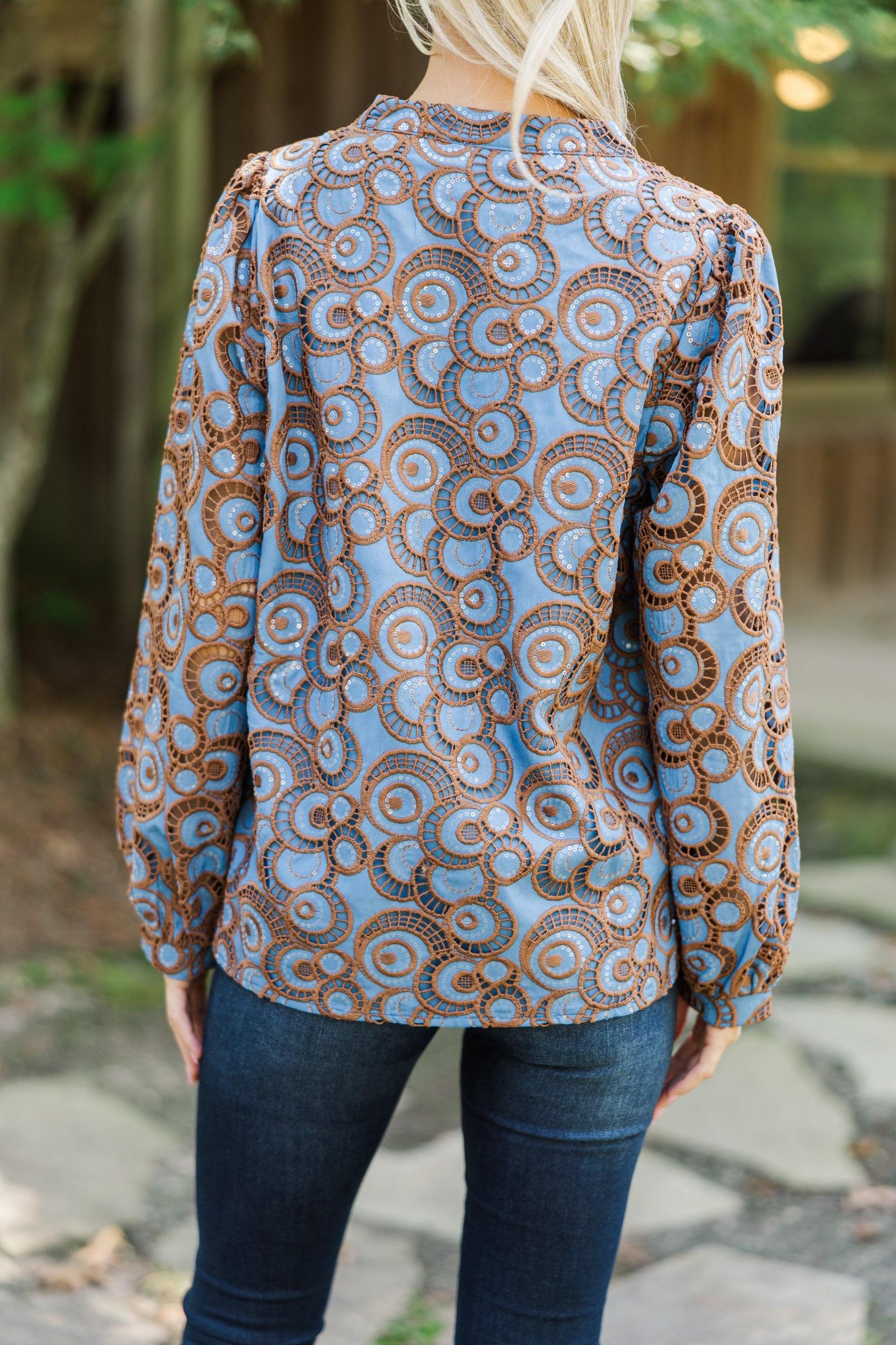 Out In Space Navy Blue Embroidered Blouse Female Product Image