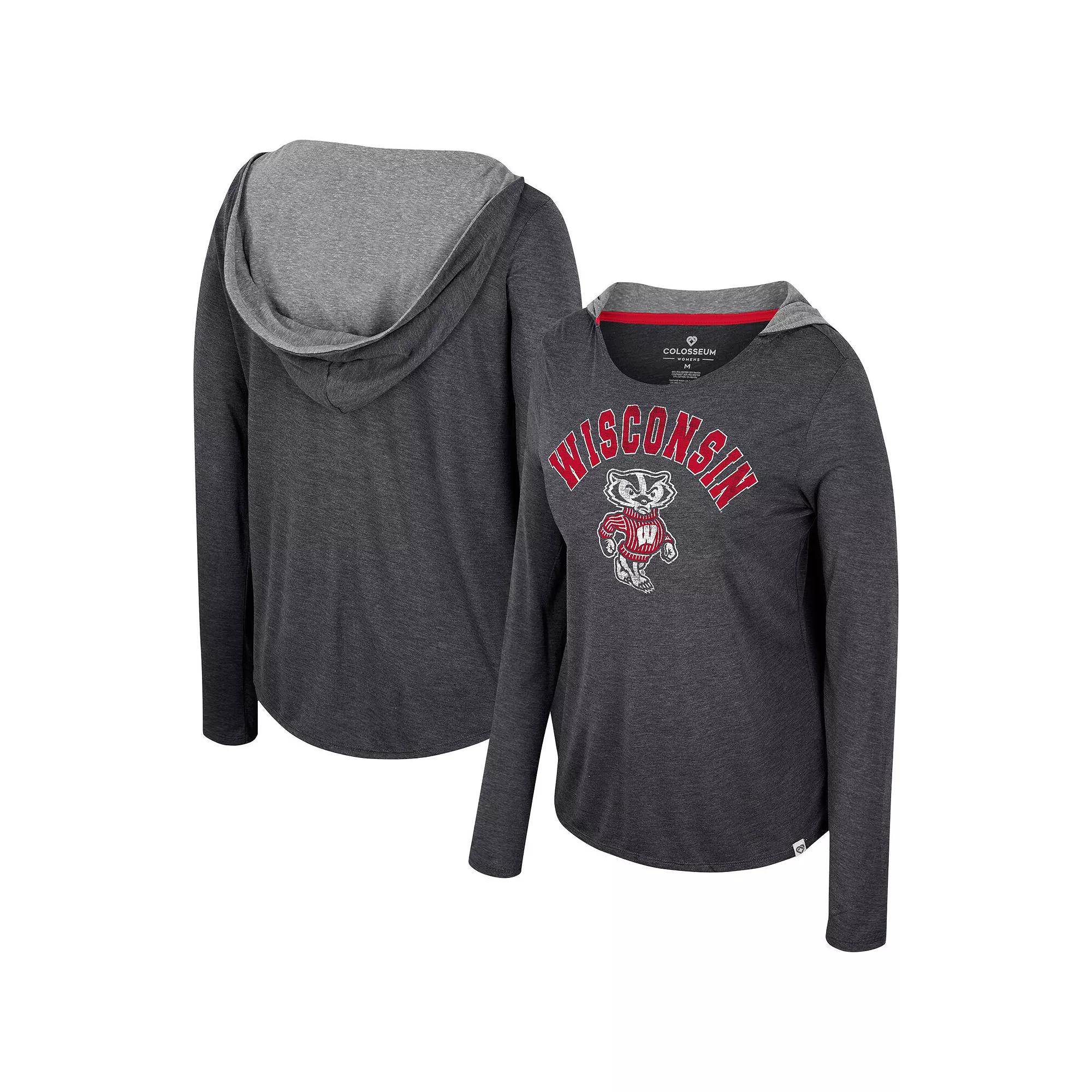 Women's Colosseum  Black Wisconsin Badgers Distressed Heather Long Sleeve Hoodie T-Shirt, Size: Small Product Image