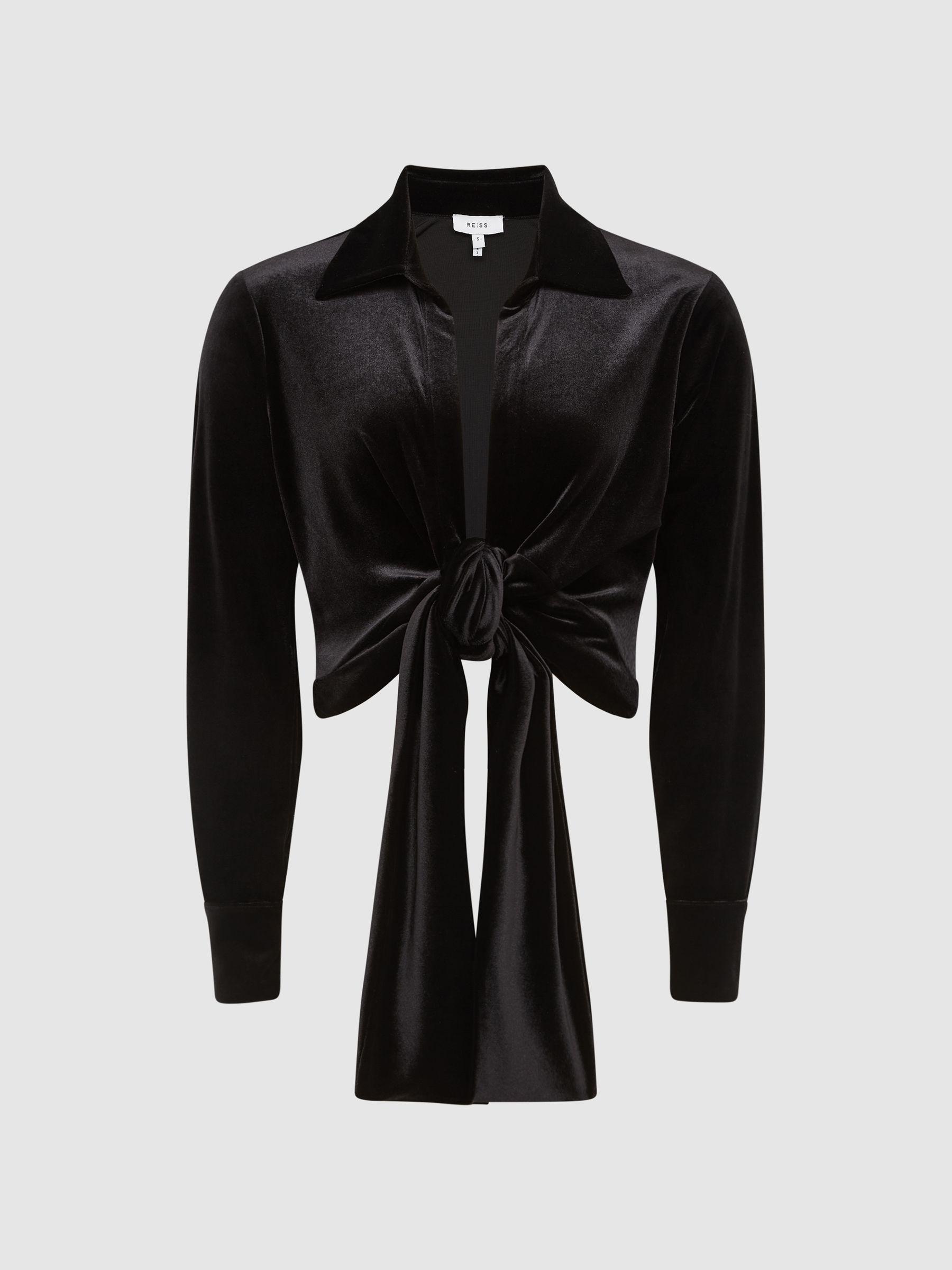 Tie-Front Velvet Crop Top in Black Product Image