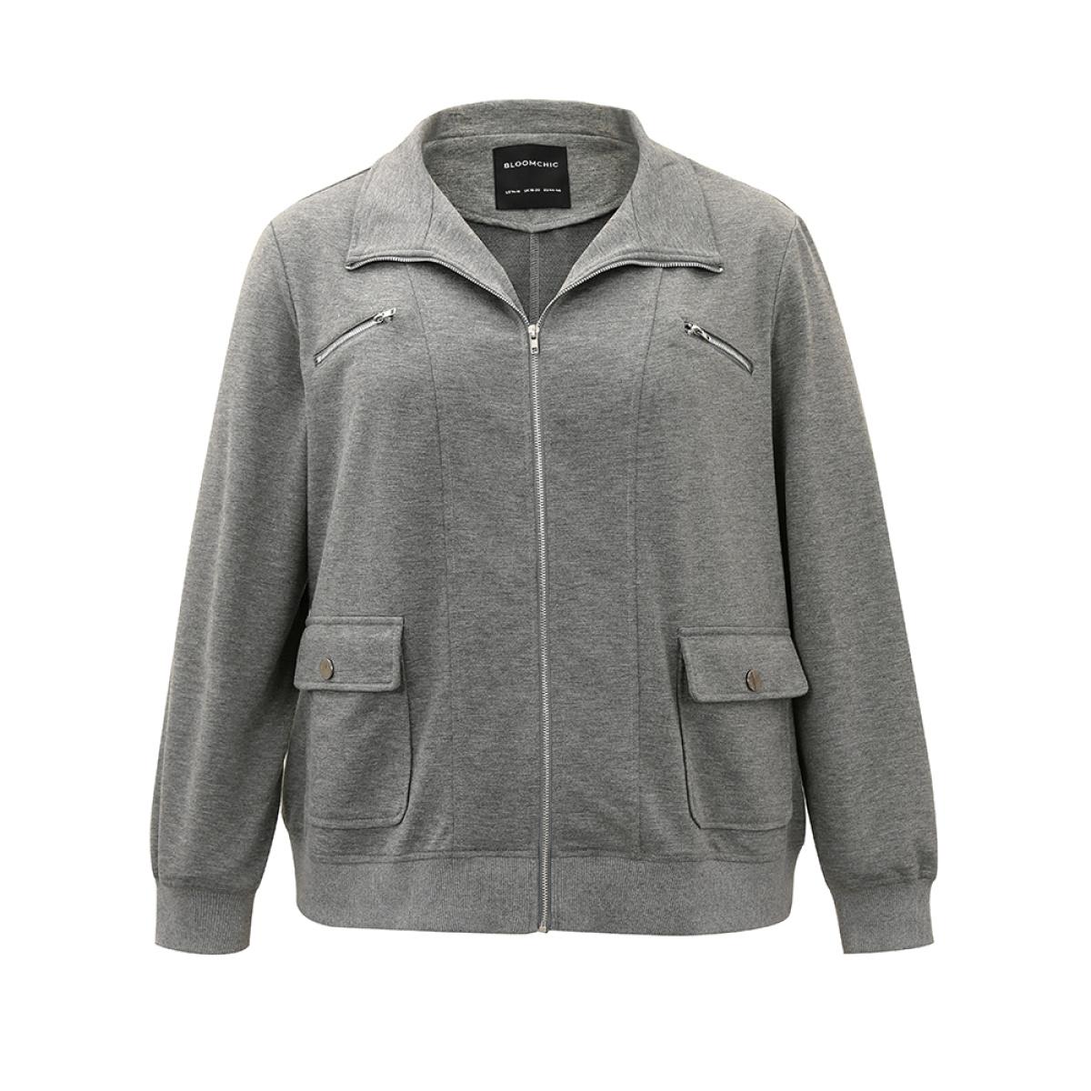 Plus Size Solid Zipper Pocket Jacket Women Gray Plain Pocket Everyday Jackets BloomChic 26/4X Product Image