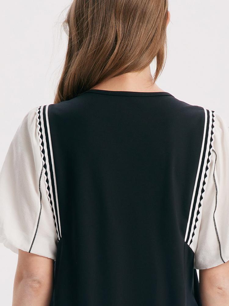 A-Shape Patchwork Puff Sleeve Mini Dress Product Image