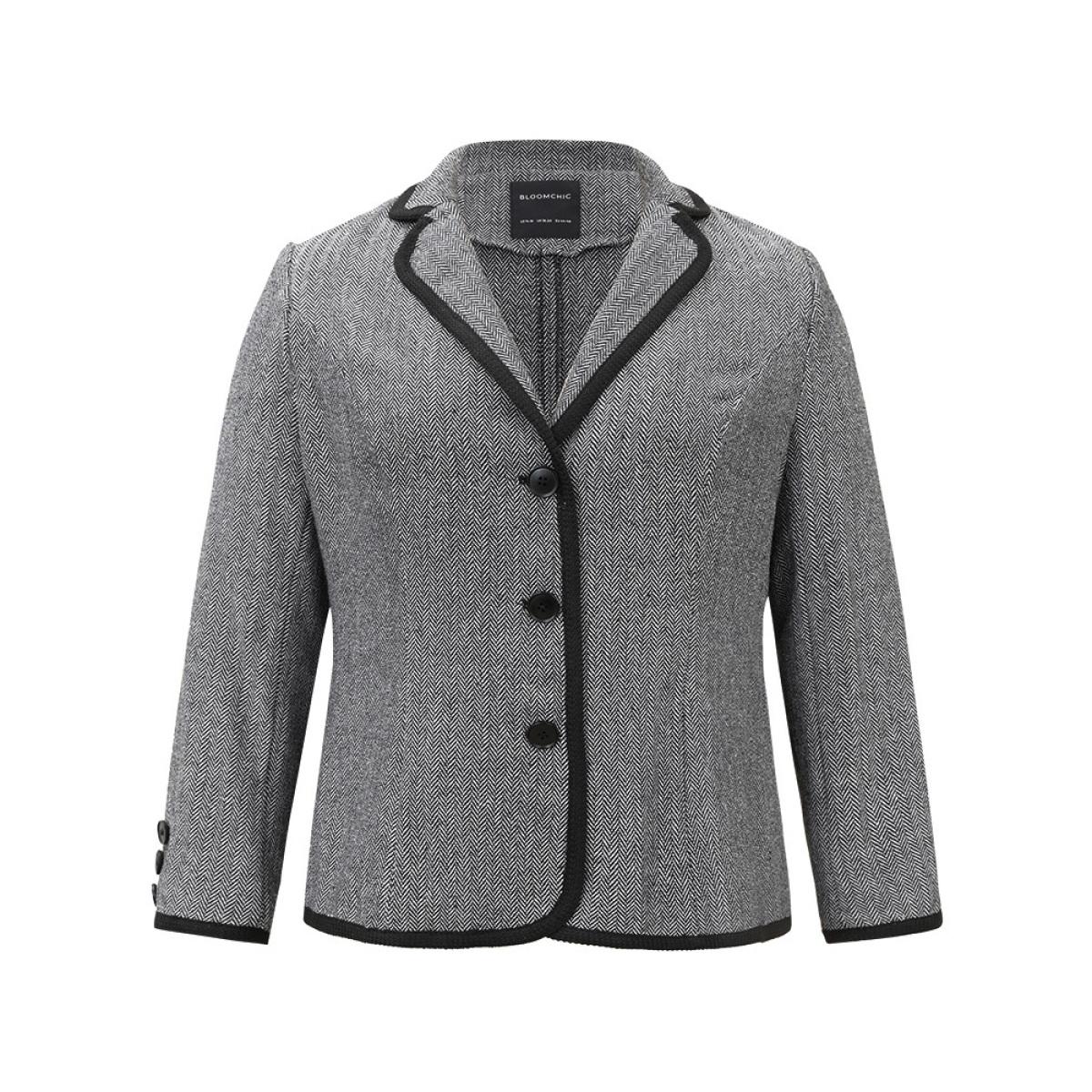 Plus Size Suit Collar Contrast Trim Button Up Blazer DimGray Women Work Plain Texture Sleeve Long Sleeve Suit Collar 14-16/1X At the Office Blazers BloomChic Product Image