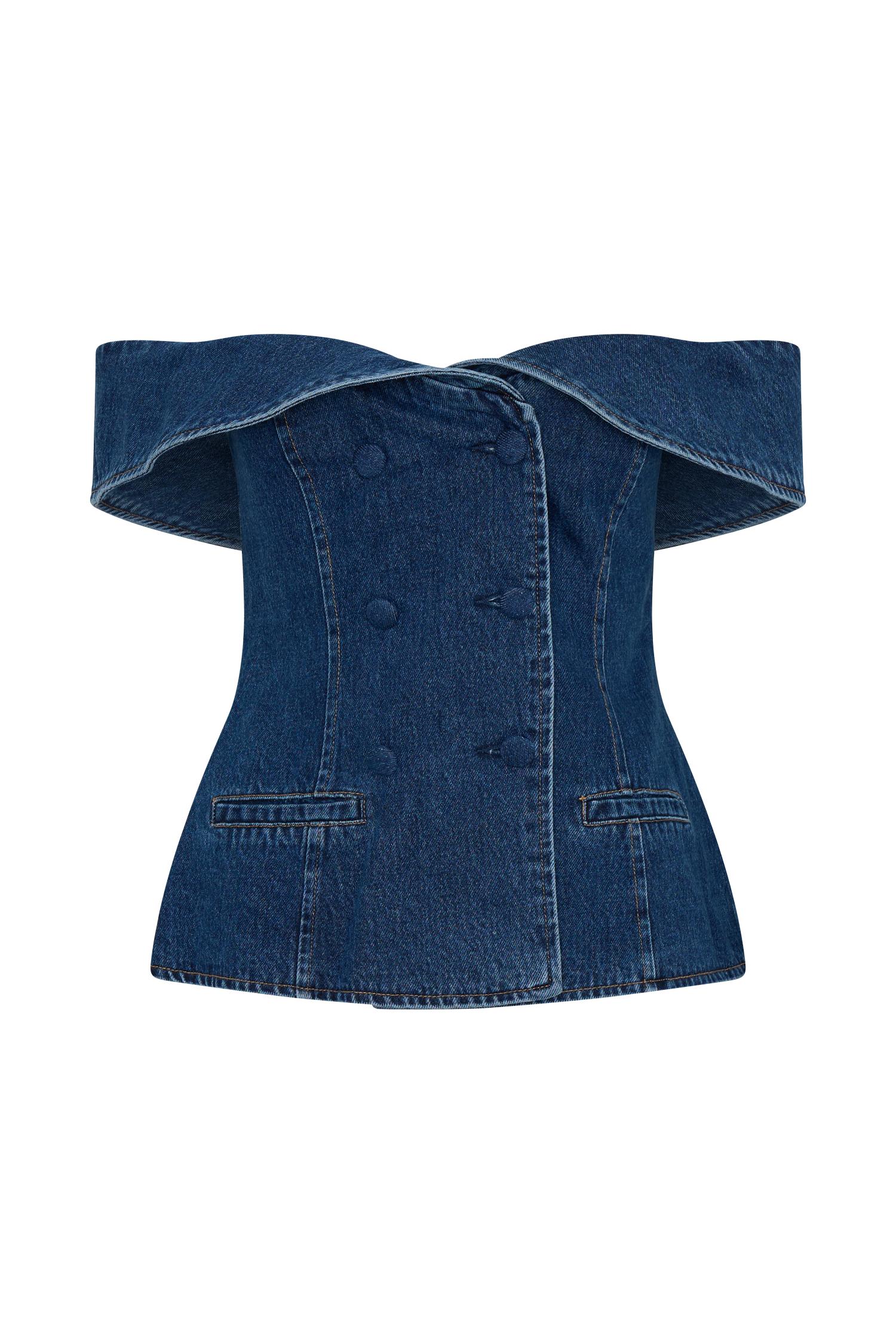 Krista Denim Off Shoulder Top - Dark Blue Product Image