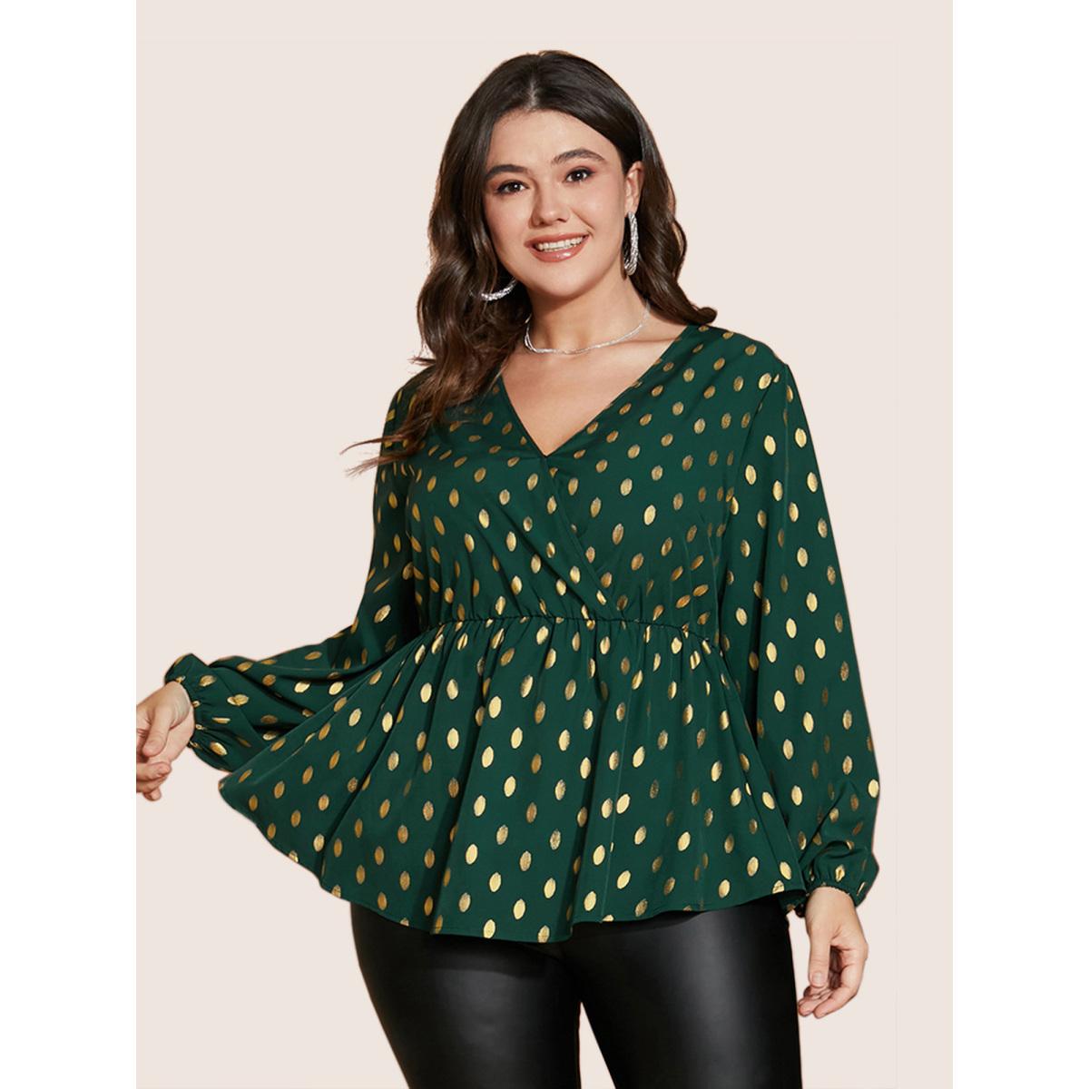 Polka Dot High Elastic Waist Plus Size Women Blouses Going out Lantern Sleeve Long Sleeve V Neck Party Blouses BloomChic Product Image