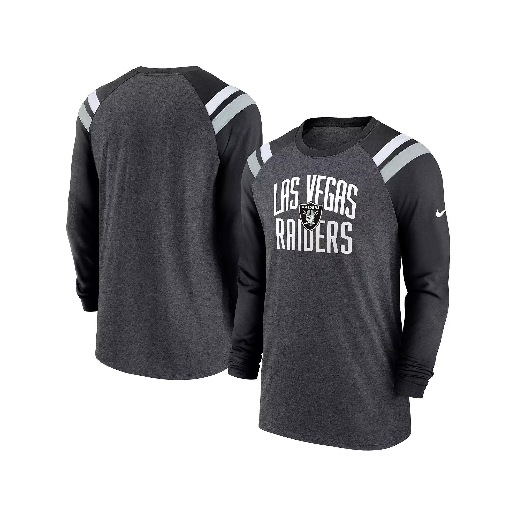 Men's Nike Heathered Charcoal/Black Las Vegas Raiders Tri-Blend Raglan Athletic Long Sleeve Fashion T-Shirt,  Product Image