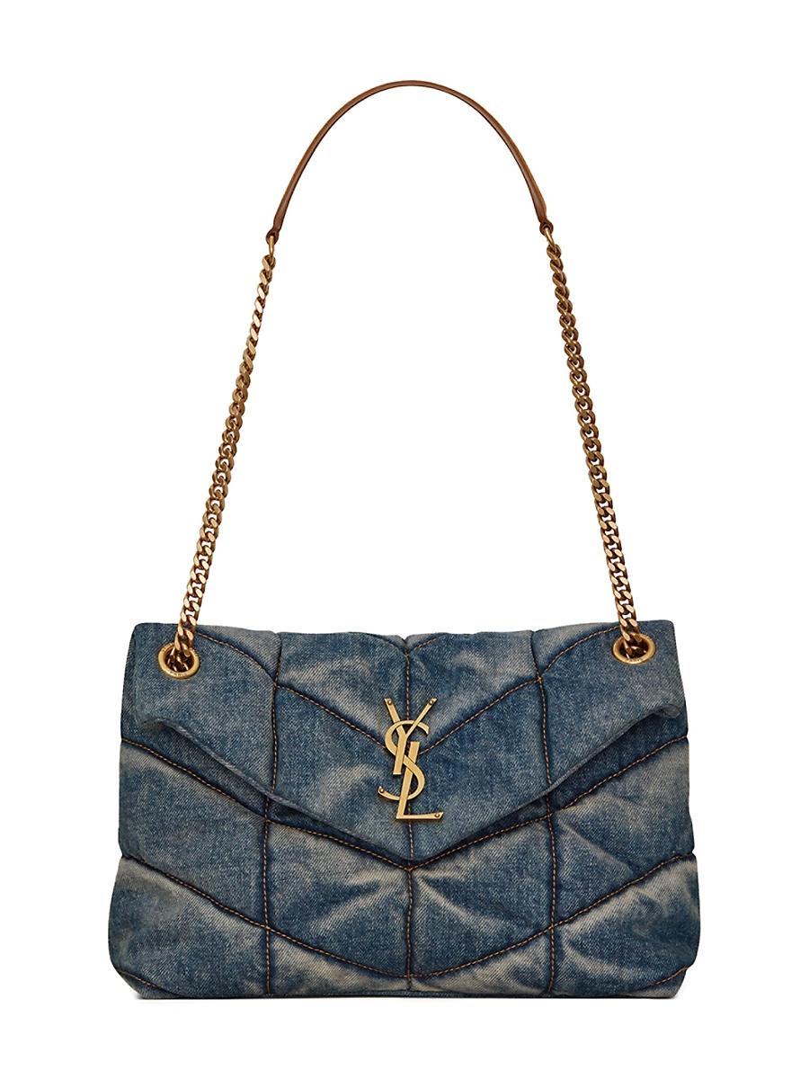 Womens Puffer Small Shoulder Bag in Quilted Suede and Denim Product Image