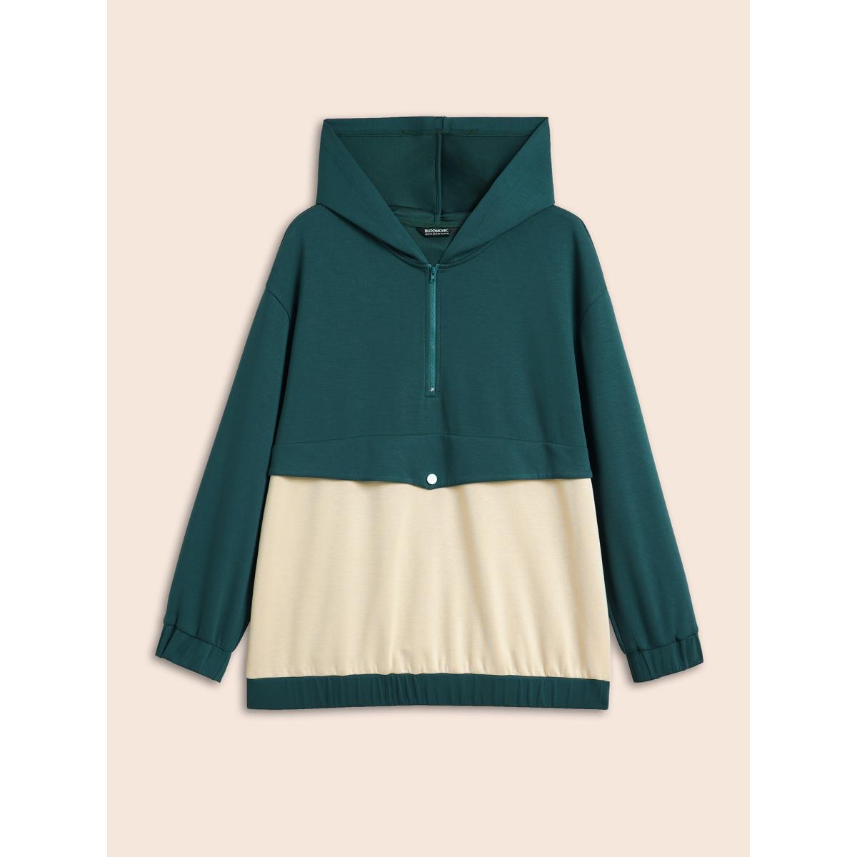Plus Size Contrast Half Zip Hooded Sweatshirt Women Cyan Casual Contrast Hooded Everyday Sweatshirts BloomChic 22-24/3X Product Image