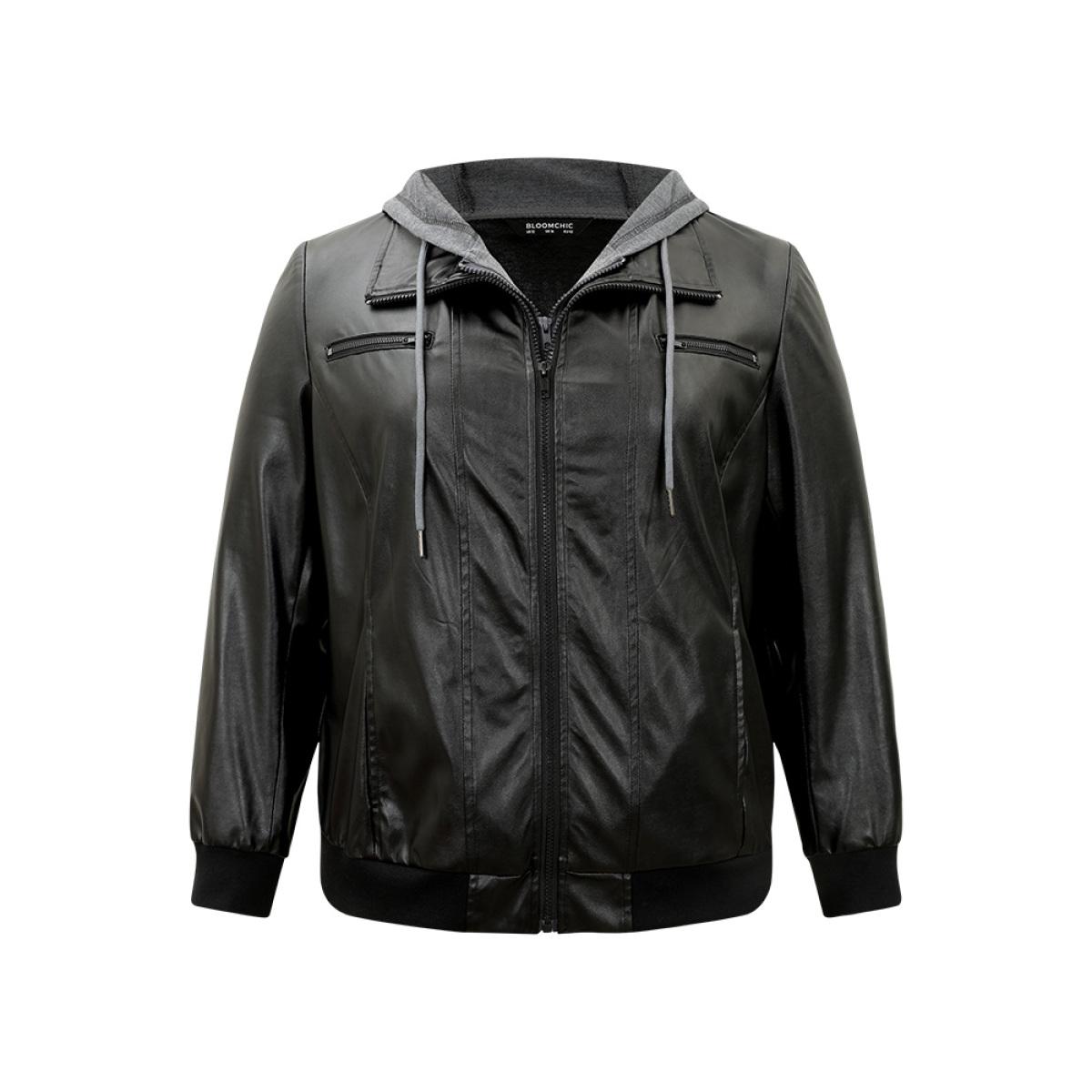 Plus Size PU Leather Patchwork Hooded Drawstring Rib Knit Jacket Women Black Rib Knit Pocket Dailywear Jackets BloomChic 10/M Product Image