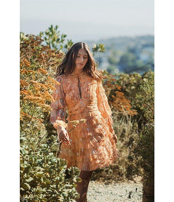 Mac Duggal Key Hole Neck Long Sleeve Floral Mesh A-Line Micro Ruffle Dress Product Image