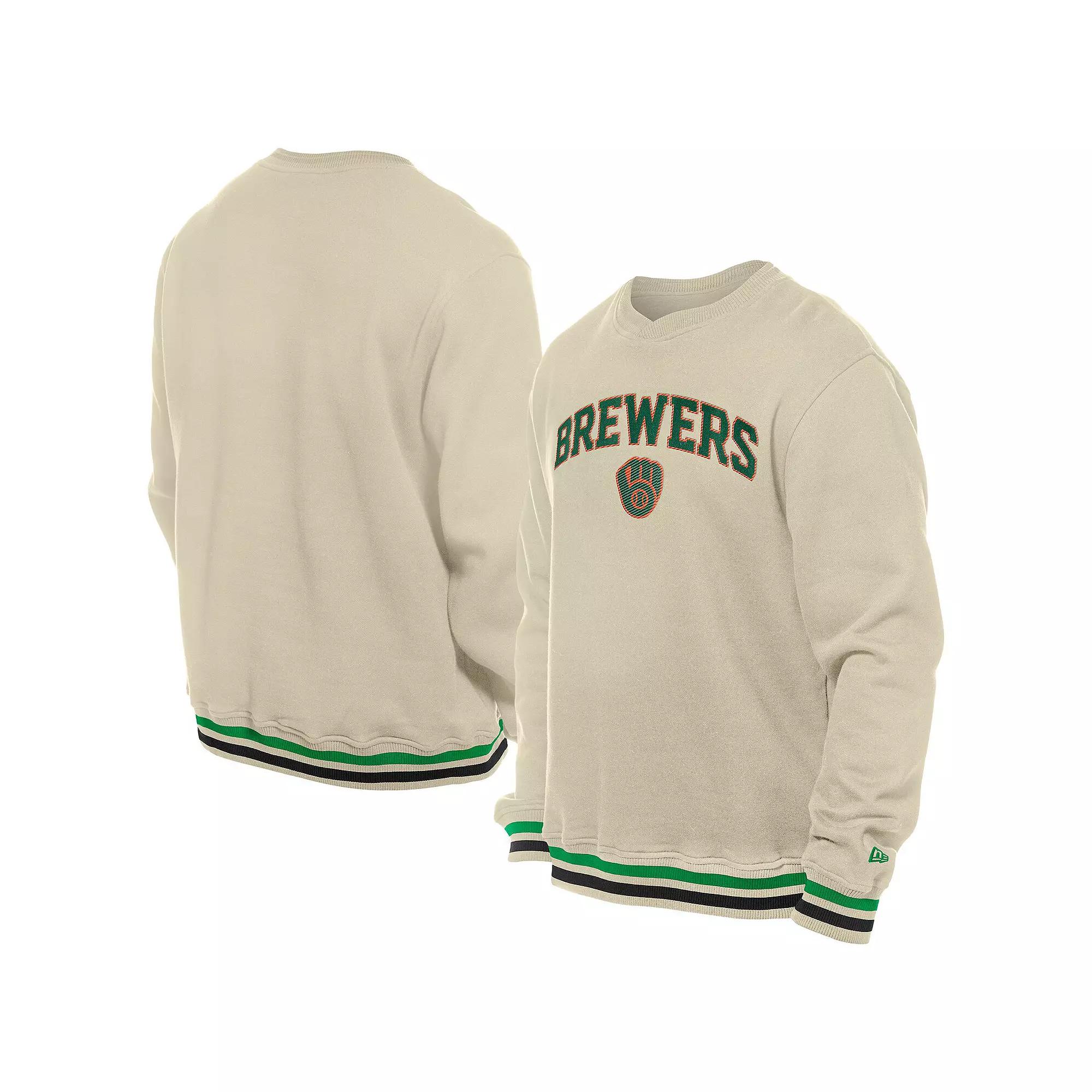 Men's New Era Cream Milwaukee Brewers St. Patrick's Day Twill Pullover Sweatshirt,  Product Image