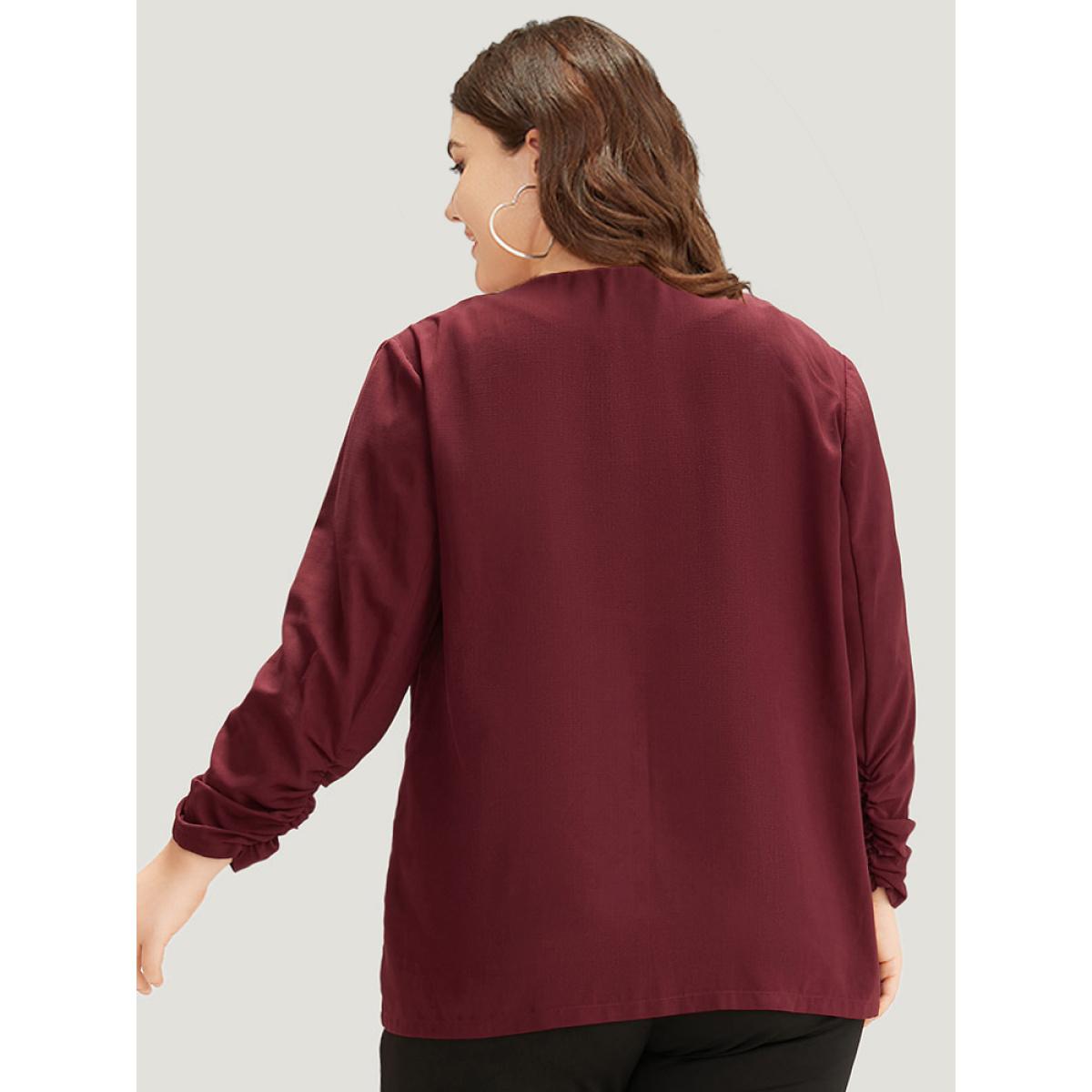 Plus Size Plain Pocket Open Front Gathered Blazer Scarlet Women Office Plain Elastic cuffs Sleeve Long Sleeve Open Front 28/5X Pocket Office Blazers BloomChic Product Image