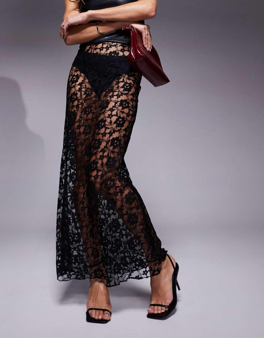 ASOS DESIGN sheer lace maxi skirt in black Product Image