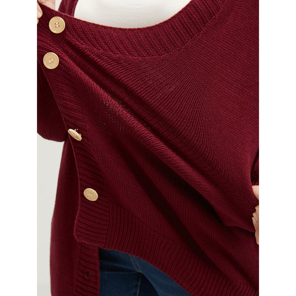 Plus Size Solid Pointelle Knit Distressed Button Front Mid Long Cardigan Scarlet Women Elegant Loose Long Sleeve Dailywear Cardigans BloomChic 12/L Product Image