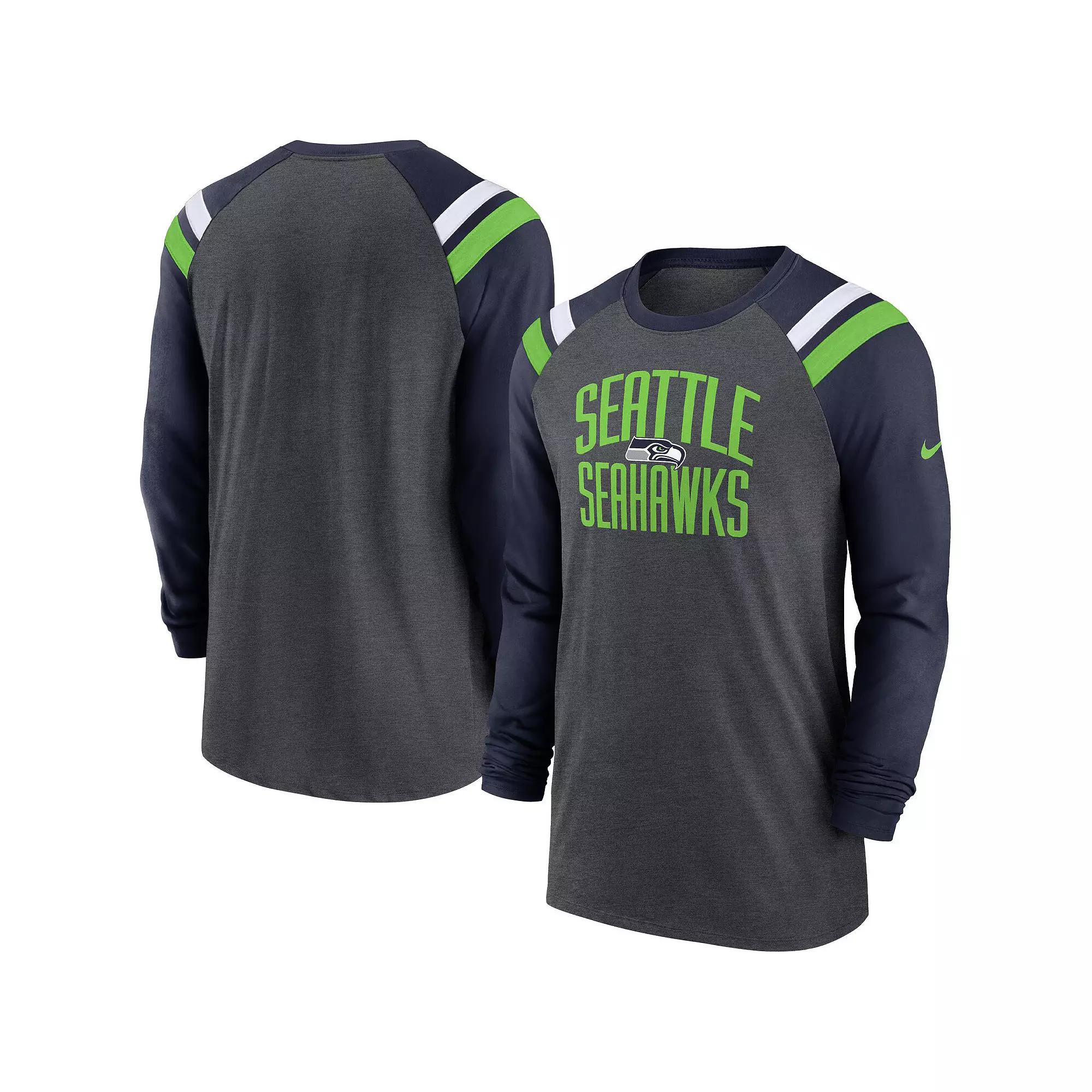 Men's Nike Heathered Charcoal/College Navy Seattle Seahawks Tri-Blend Raglan Athletic Long Sleeve Fashion T-Shirt, Size: 2XL Product Image