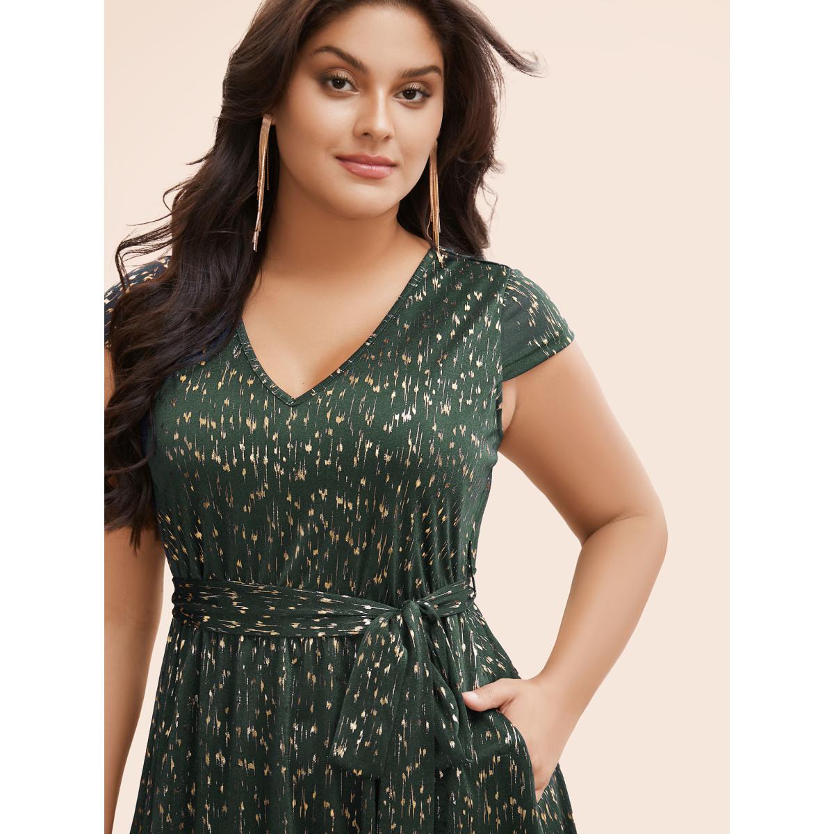 Plus Size Glitter Geometric Cap Sleeve Belted Dress DarkSlateGray Women Cocktail Texture V-neck Cap Sleeve Curvy BloomChic 22-24/3X Product Image