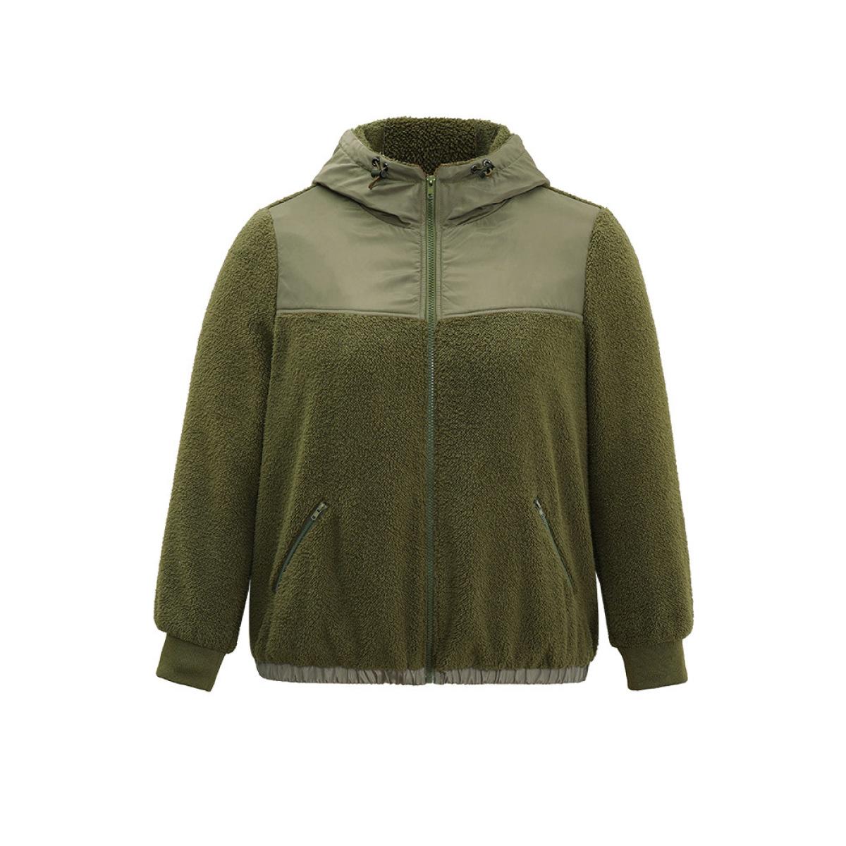 Plus Size Patchwork Zipper Rib Knit Hooded Teddy Jacket Women ArmyGreen Rib Knit Pocket Dailywear Jackets BloomChic 14-16/1X Product Image