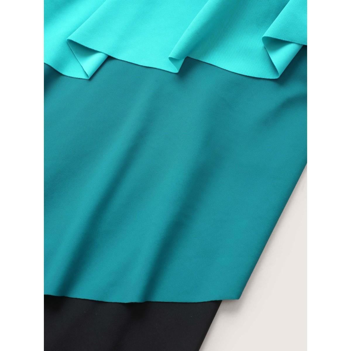 Plus Size Colorblock Contrast Ruffle Layered Hem Tankini Top Women's Swimwear Turquoise Beach Non High stretch Bodycon U-neck Curve Swim Tops BloomChic 12/L Product Image