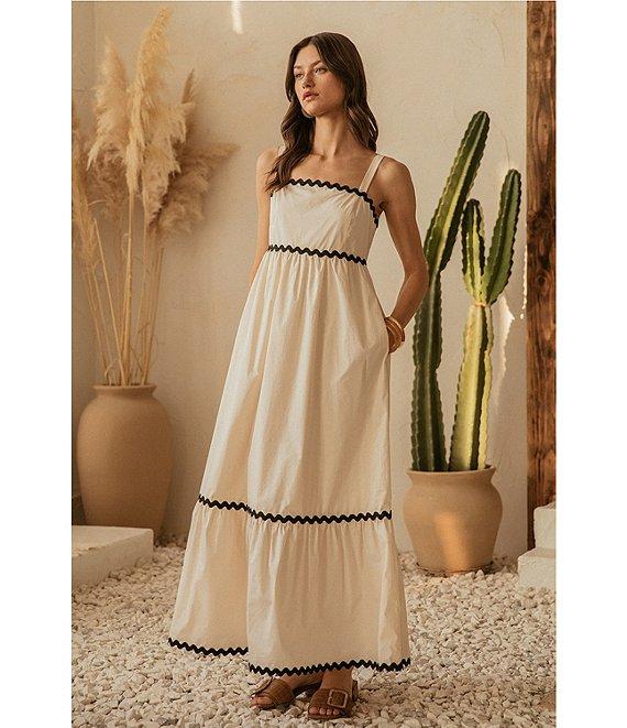 Skies Are Blue Woven Poplin Square Neck Ric Rac Trim Sleeveless Tiered Maxi Dress Product Image