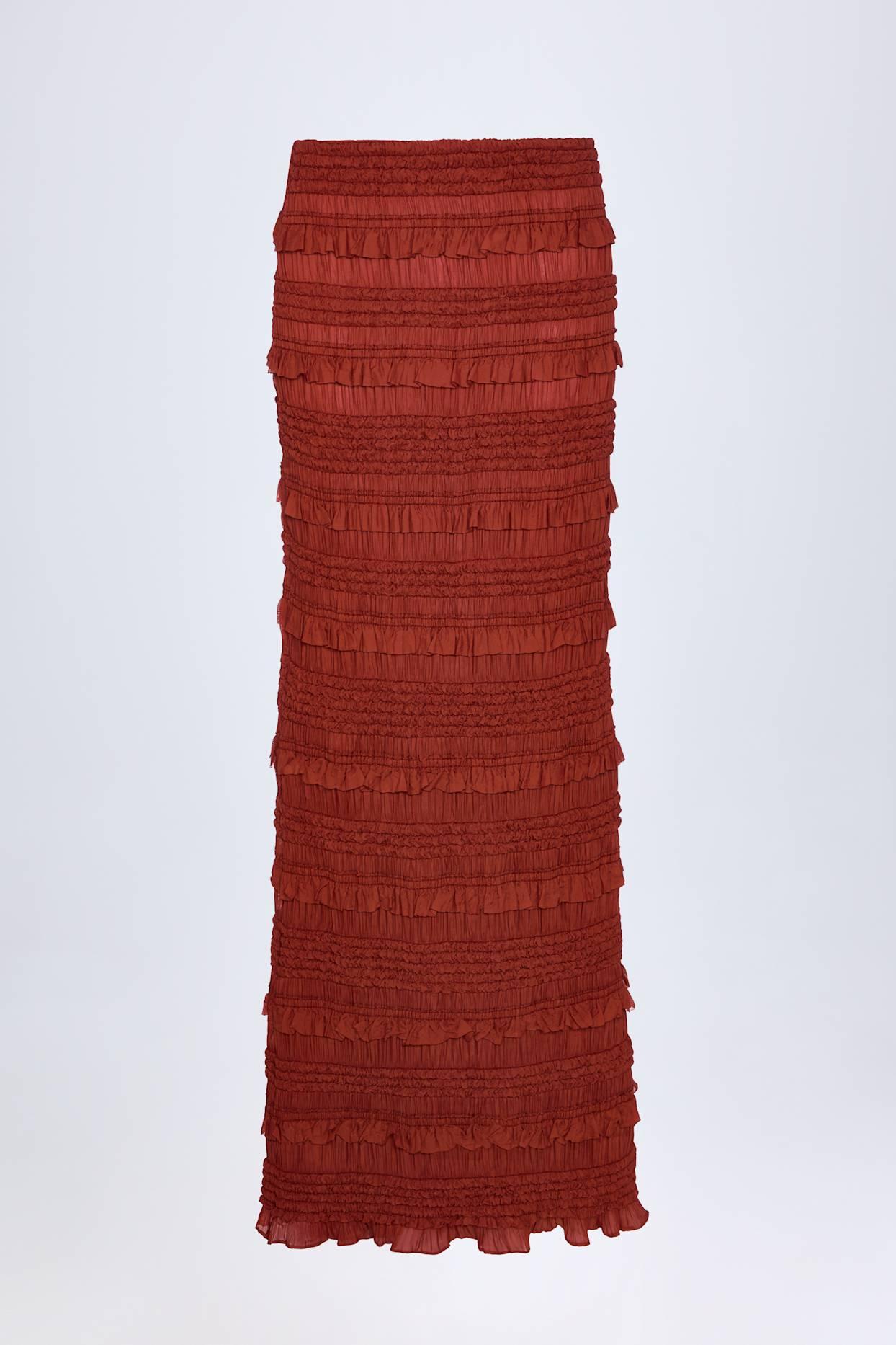 Ruffled Mid-Rise Maxi Skirt in Burnt Red Product Image