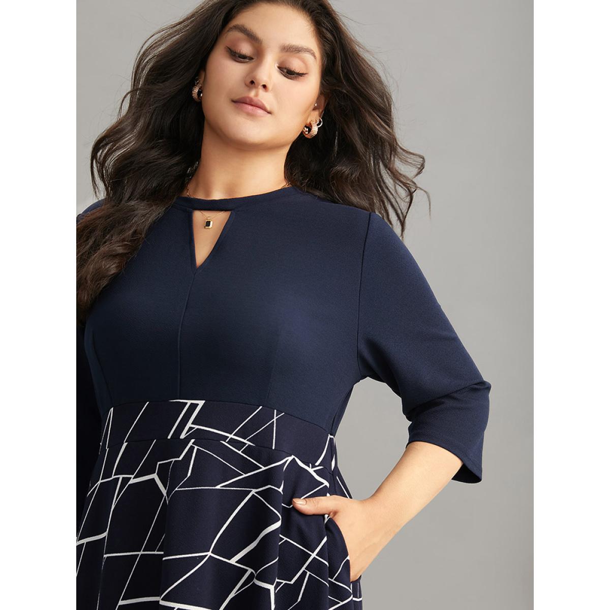 Plus Size Geometric Contrast Keyhole Elastic Waist Dress Indigo Women Office Contrast Keyhole Cut-Out Elbow-length sleeve Curvy Midi Dress BloomChic 30/6X Product Image