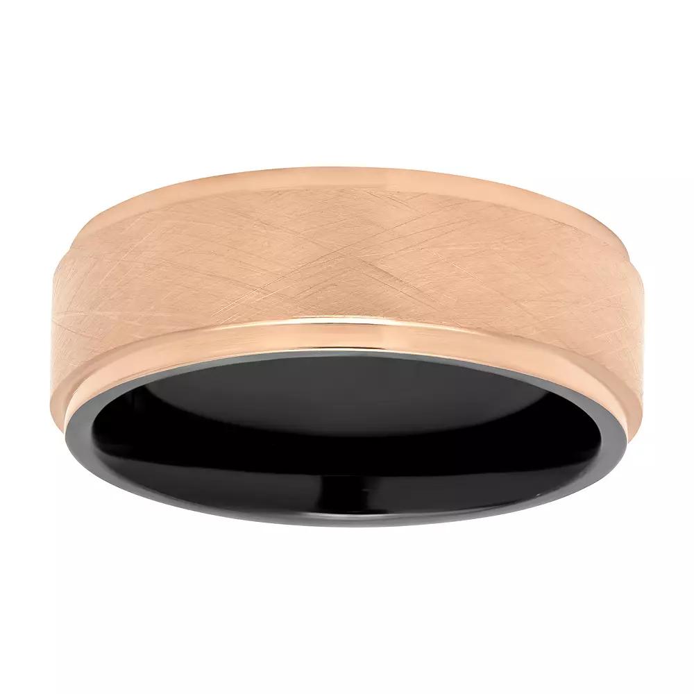 Men's Rose Gold Tone & Black Stainless Steel Step Edge Wedding Band, Size: 9.50, Pink Tone Product Image