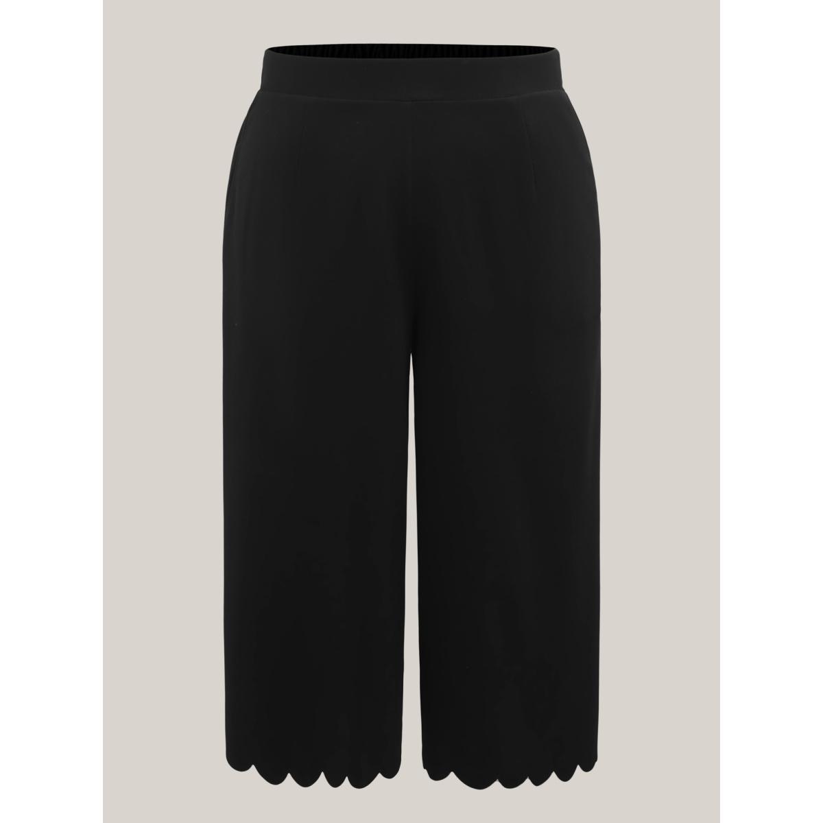 Plus Size Scalloped Hem Wide-Leg Solid Pants Women Black Office Wide Leg Mid Rise Office Pants BloomChic 12/L Product Image