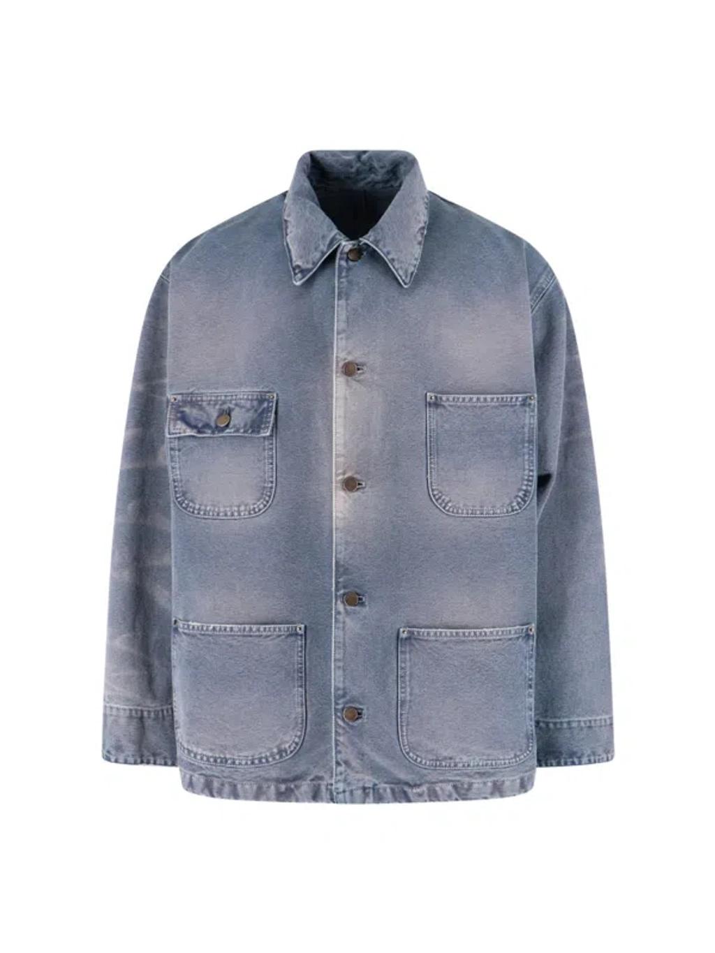 PRADA Distressed Denim Blouson Jacket In Gray Product Image