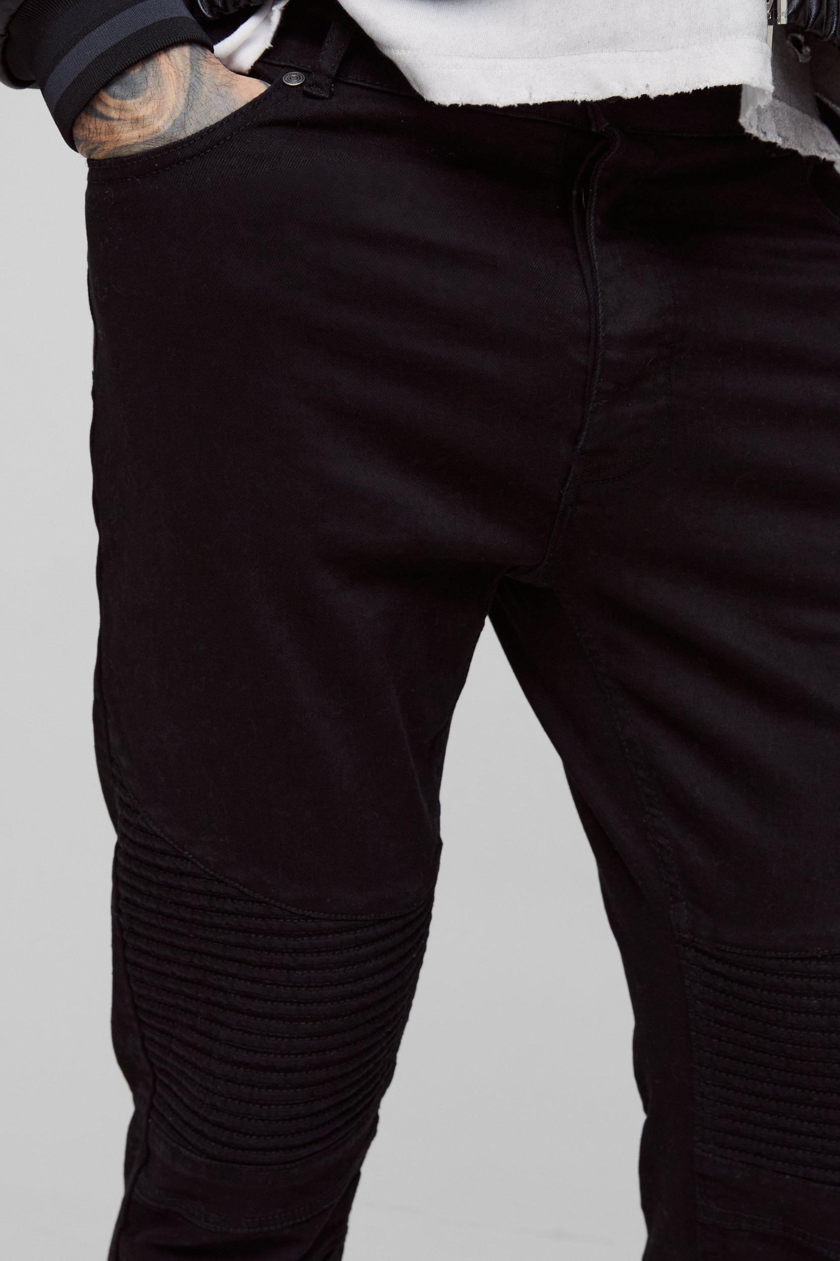 Tall Skinny Biker Panel Jeans in True Black | boohooMAN USA Product Image