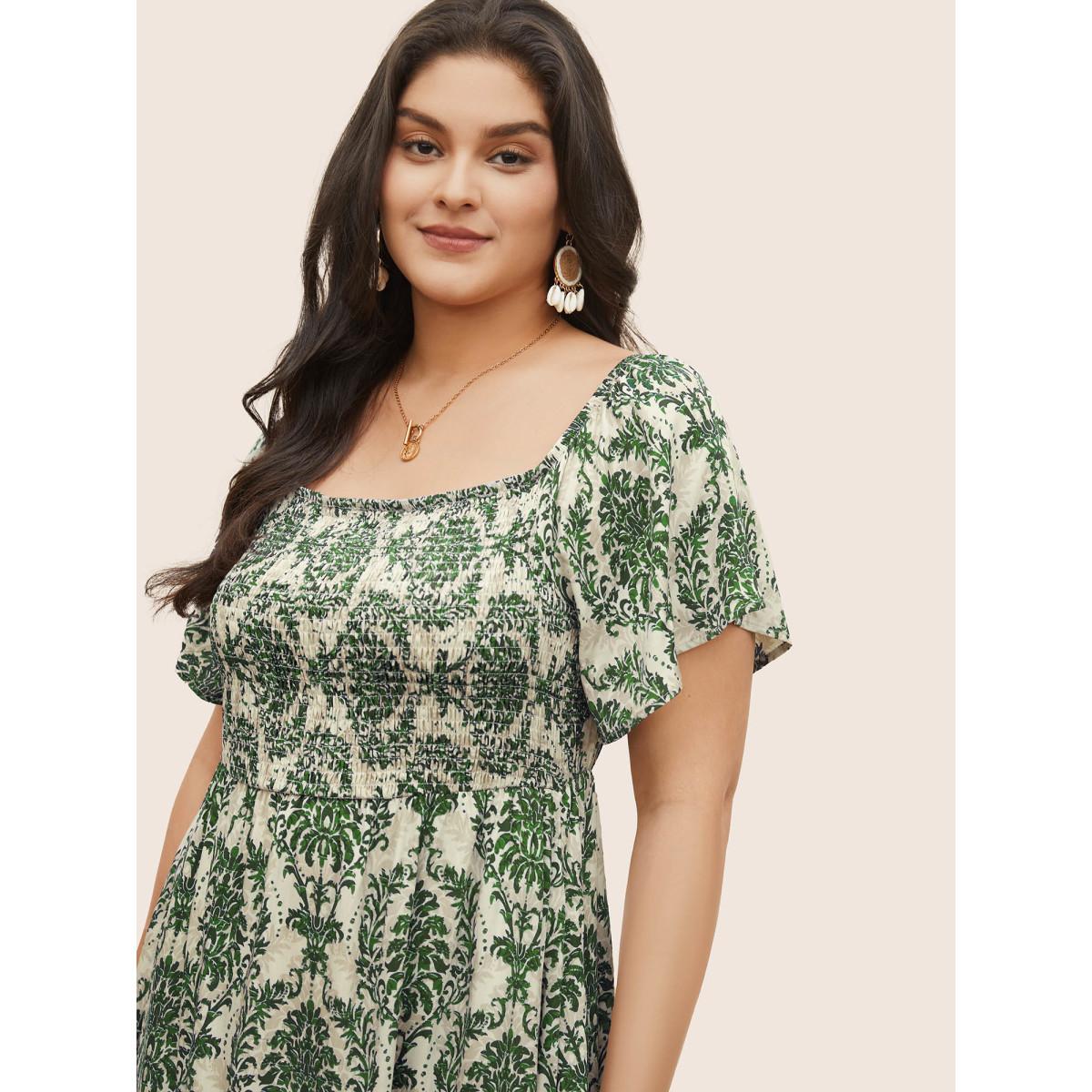 Plus Size Bandana Print Shirred Off Shoulder Dress Moss Women Resort Non One-shoulder neck Short sleeve Curvy Midi Dress BloomChic 12/L Product Image