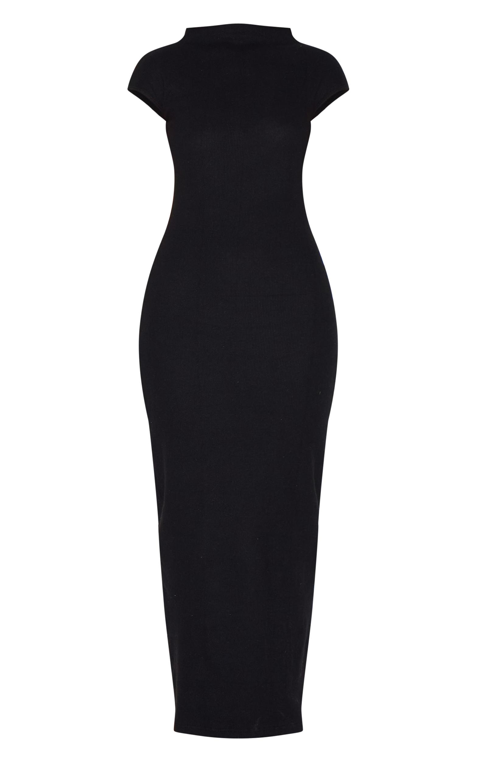 Black Heavy Brushed Rib High Neck Cap Sleeve Maxi Dress Product Image