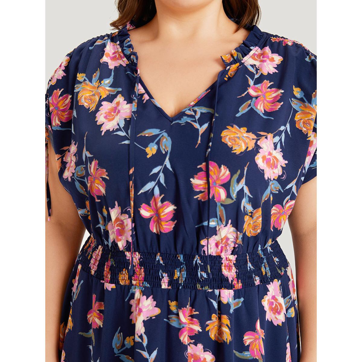 Plus Size Floral Knot Neck Drawstring Dolman Sleeve Shirred Dress Navy Women Elegant Frill Trim V-neck Short sleeve Curvy Midi Dress BloomChic 30/6X Product Image