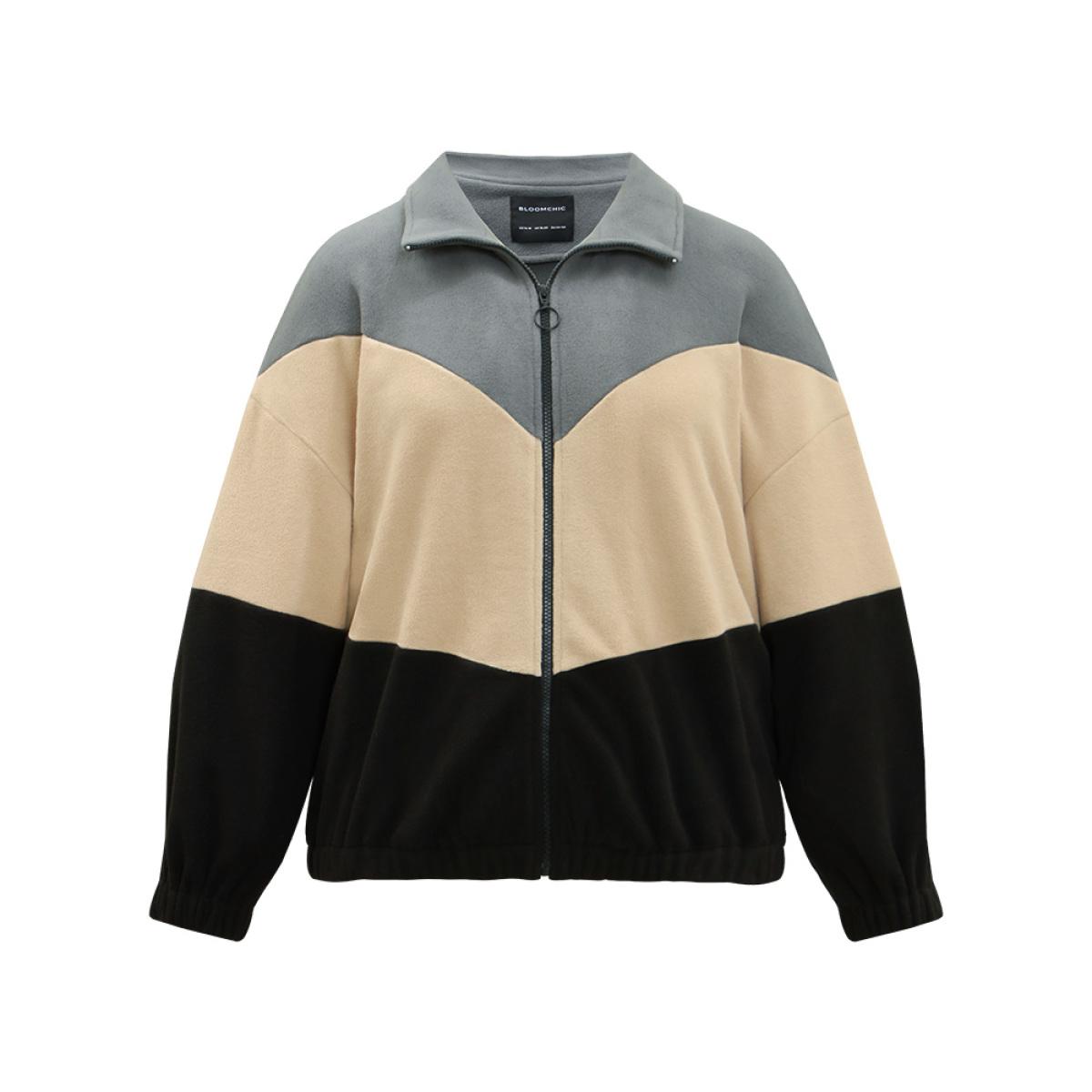 Plus Size Colorblock Contrast Zipper Drop Shoulder Jacket Women Gray Elastic cuffs Dailywear Jackets BloomChic 18-20/2X Product Image